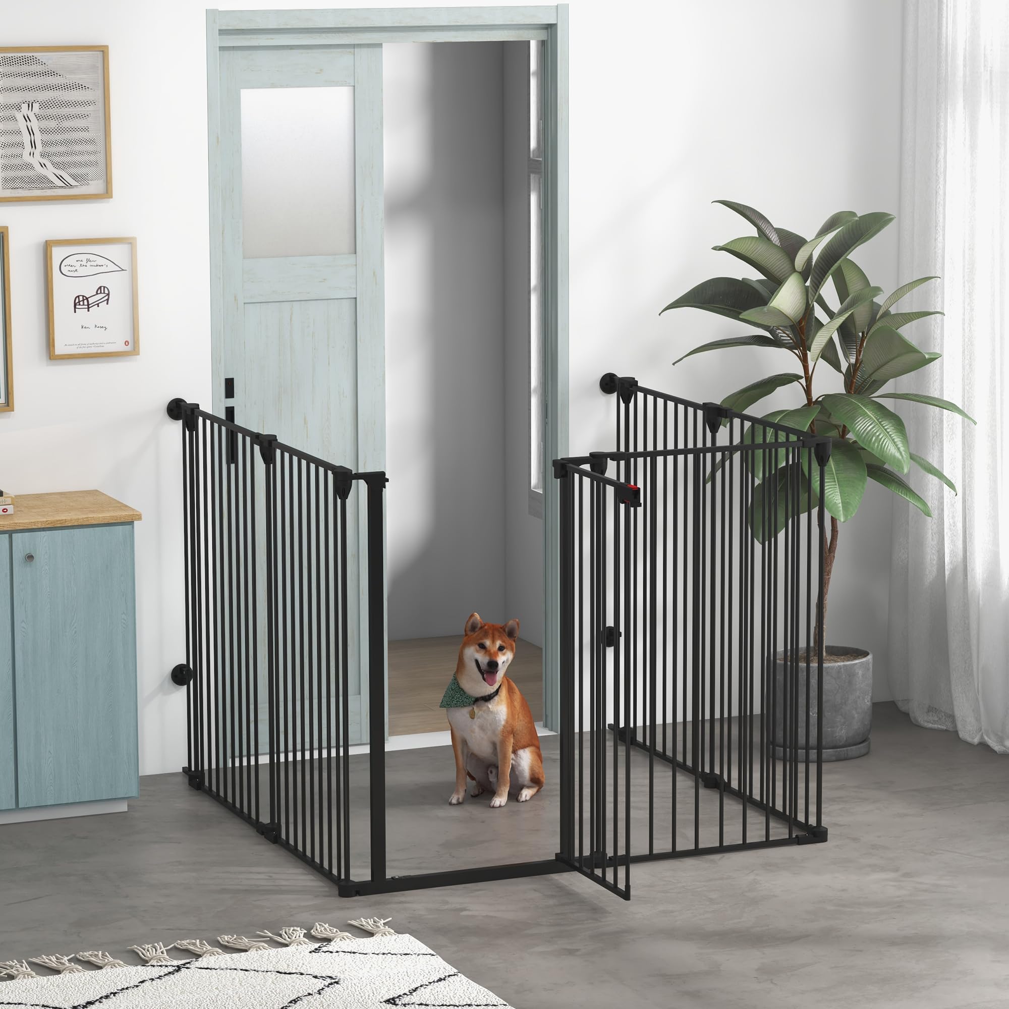 PawHut Faltbares Hundetor für mittlere und große Hunde mit doppeltem Verschluss mit 6 Stahl- und Kunststoffpaneelen, Sicherheitsgitter für den Innenbereich, 123x102x100 cm, Schwarz