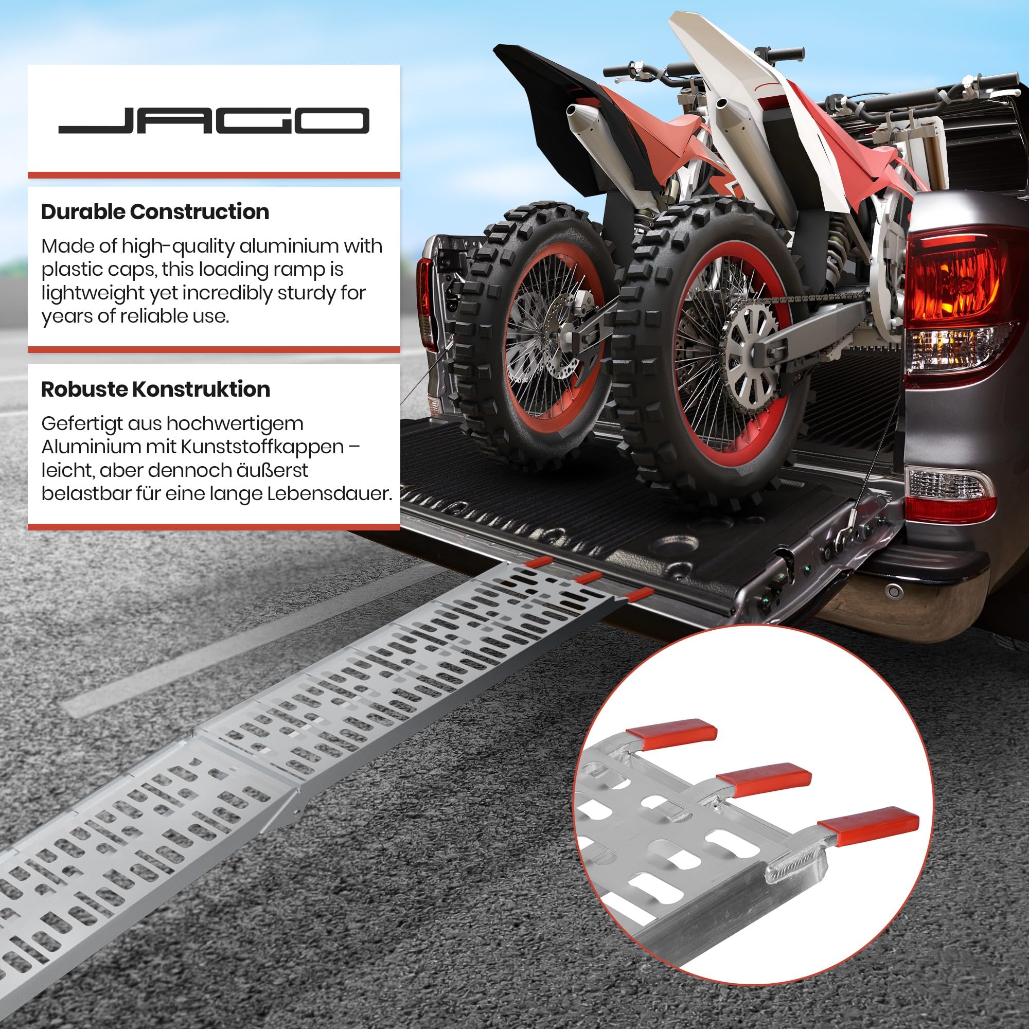 Jago® Rampa di Carico - Set da 1 o 2, Pieghevole, in Alluminio, Carico Massimo 340kg, 227x30 cm, Portatile - Accesso per Moto, Scooter, Quad, Trattorino, Furgone, Carrello (1 Rampa)