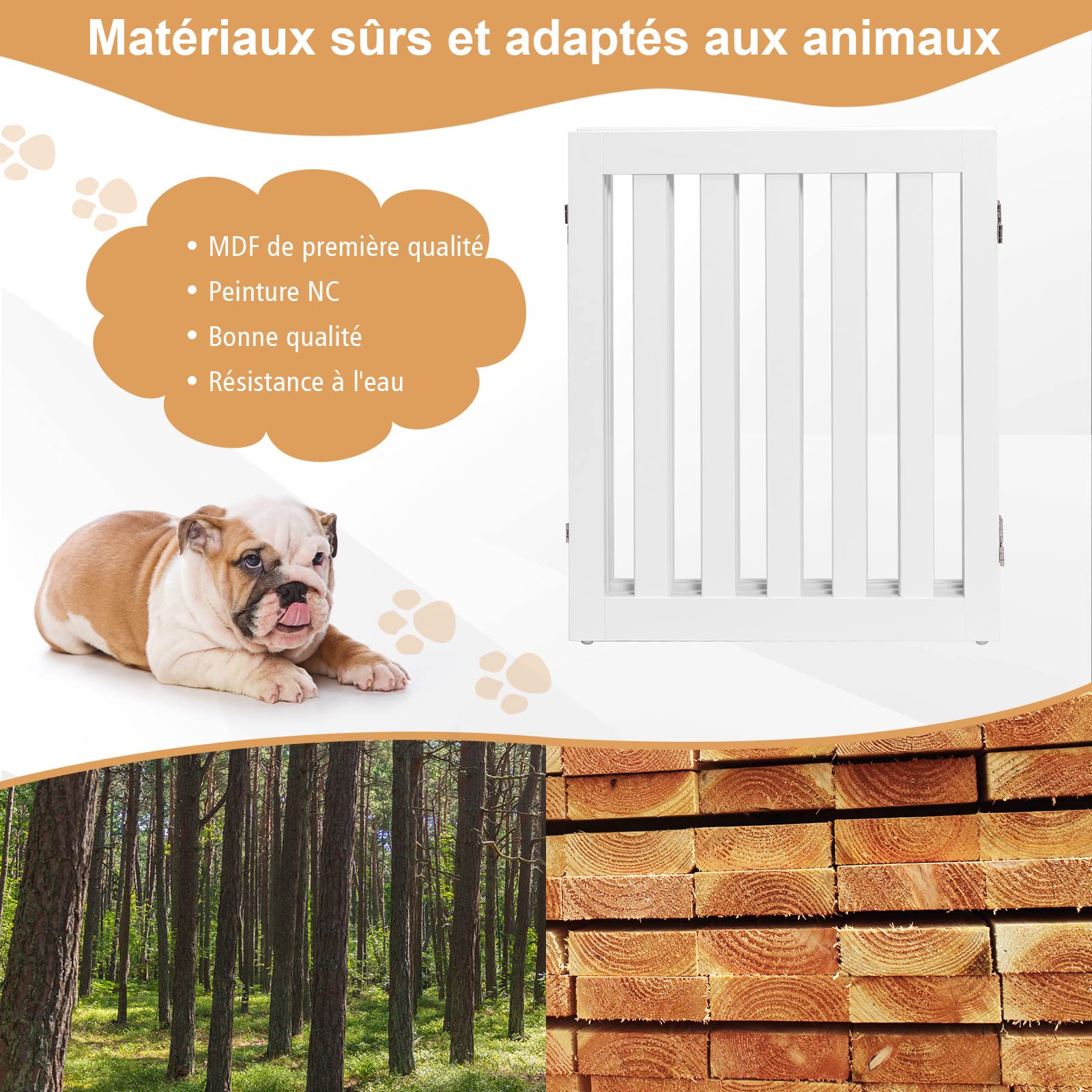COSTWAY Barrière Autoportante pour Chien 2/3/4 Panneaux en Bois 60/89 cm Charnières Métalliques Pivotant à 360° Patins Antidérapants pour Maison Escaliers Portes