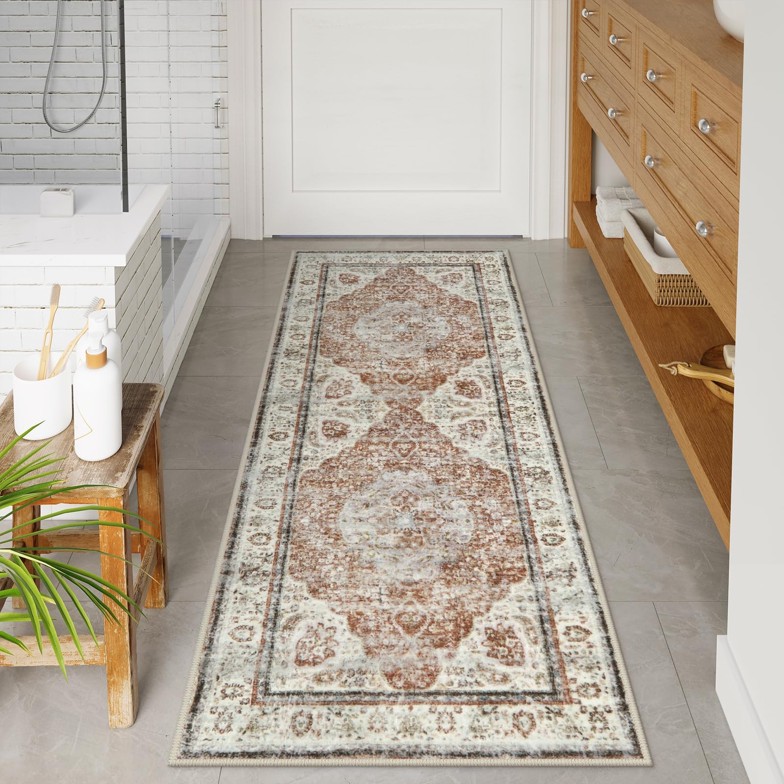 Uphome Bathroom Runner, Distressed Tribal Farmhouse Orange Bathroom Mat, Large Bath Rugs Non Slip Washable, Oriental Retro Boho Bath Mat Runner for