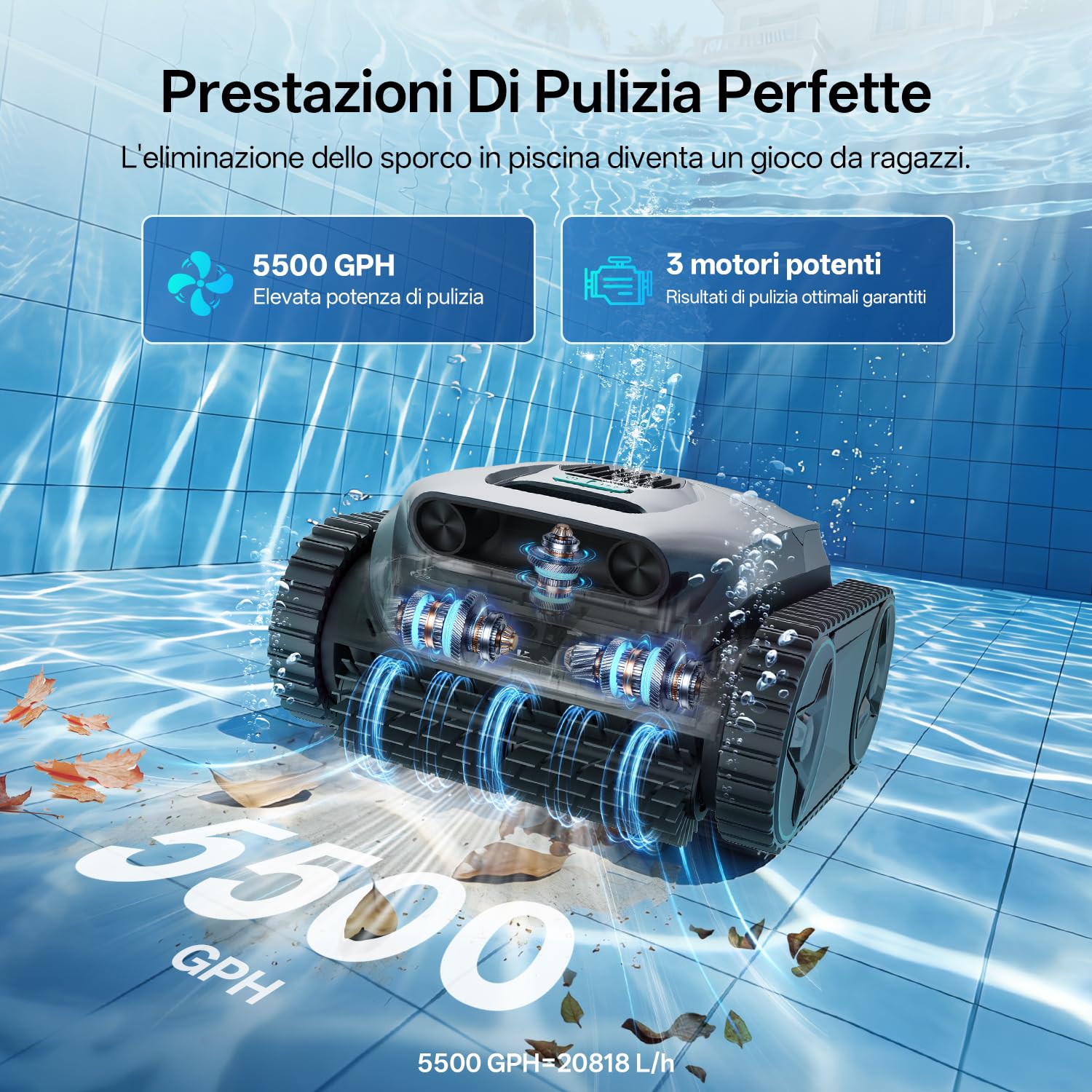 Ultenic Robot Piscina Pareti e Fondo, Linea d'Acqua, Navigazione Intelligente, Robot Piscina Senza Fili, 180Min, Filtrazione Ultrafine, Aspirapolvere per Piscina con App e Aggiornamenti OTA