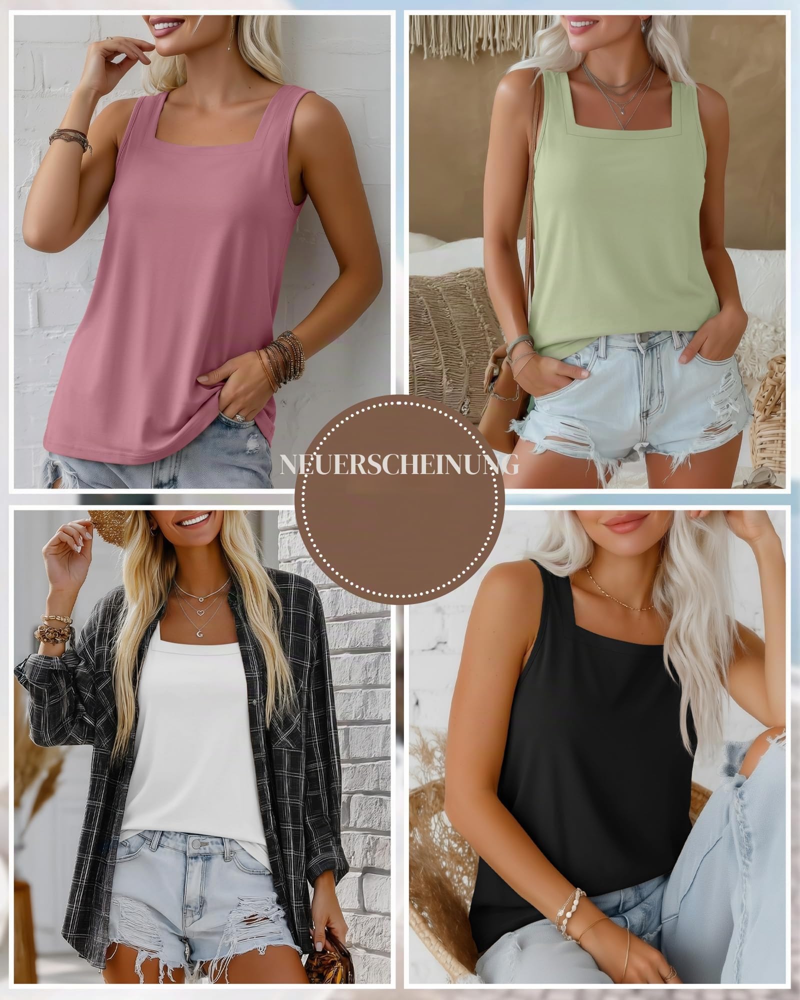 Riyiper 4er-Pack Sommer-Tanktops für Damen, Ärmellose Shirts, Lockere Passform, Eckiger Ausschnitt