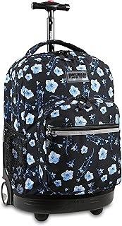 J World New York Sunrise Kids Rolling Backpack for Girls Boys Teen. Roller Bookbag with Wheels, Night Bloom, 18
