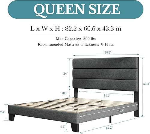 Miniatura 18 de HOOMIC Base de cama de tamaño matrimonial con cabecero, plataforma tapizada de tela con soporte de listones de madera fuerte, base de colchón, no