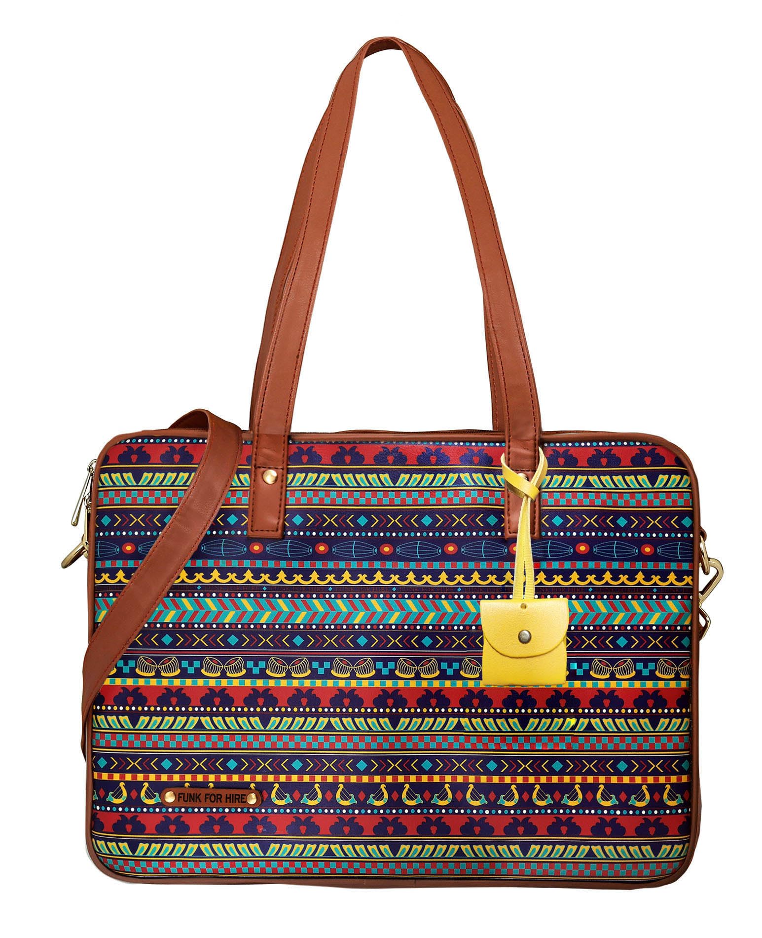 Funk For Hire Women’s Multi Color Printed Vegan Leather 15.6" Laptop Handbag Sling with Waterproof Nylon Lining Adjustable Strap Cushioned Compartment Organizer Lightweight