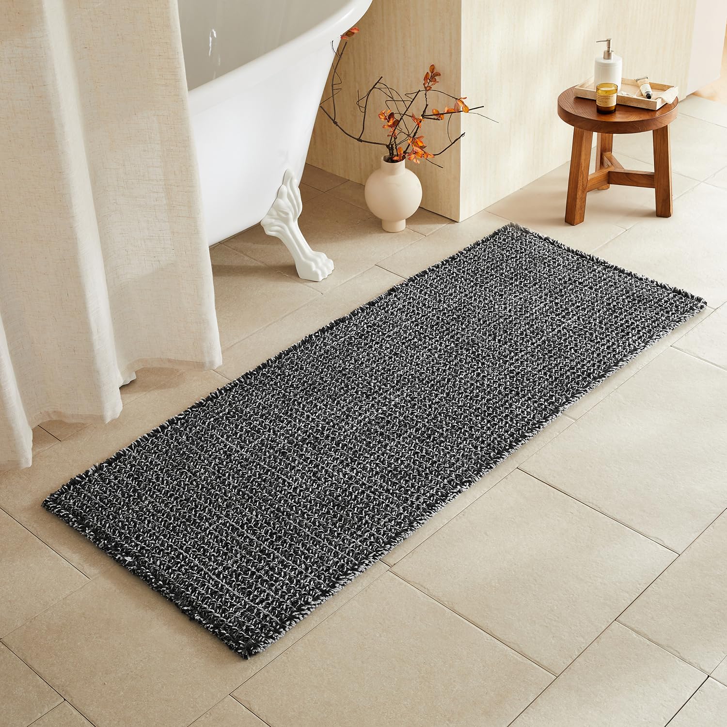 TYUU Waffle Runner Rug Bathroom, Long Boho Bath Mat, 60x24 Black &amp; White