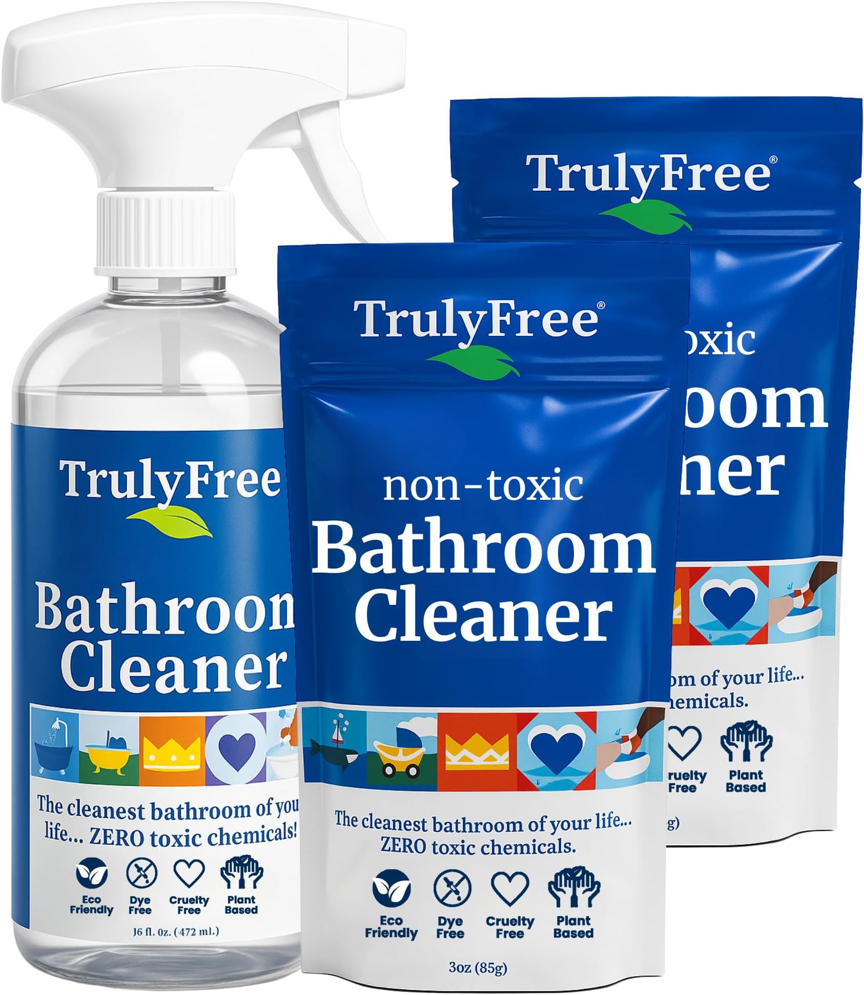 Truly Free All Natural Non-Toxic Bathroom Cleaner Spray, Organic Bath & Tile Cleaning Solution for Toilet, Sink, Tub & Shower, Refillable 2-Pack with 16oz Bottle + 2 Refill Pouches