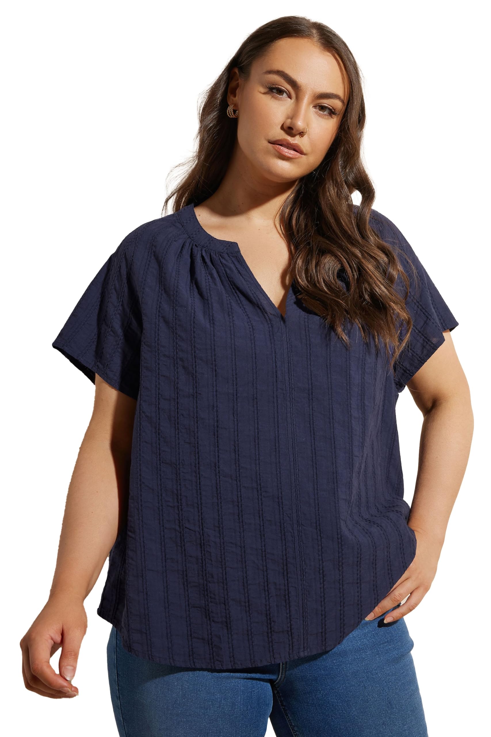 Yours Women's Navy Curve Blue Short Sleeve Cotton Blouse - Plus Size Curve
