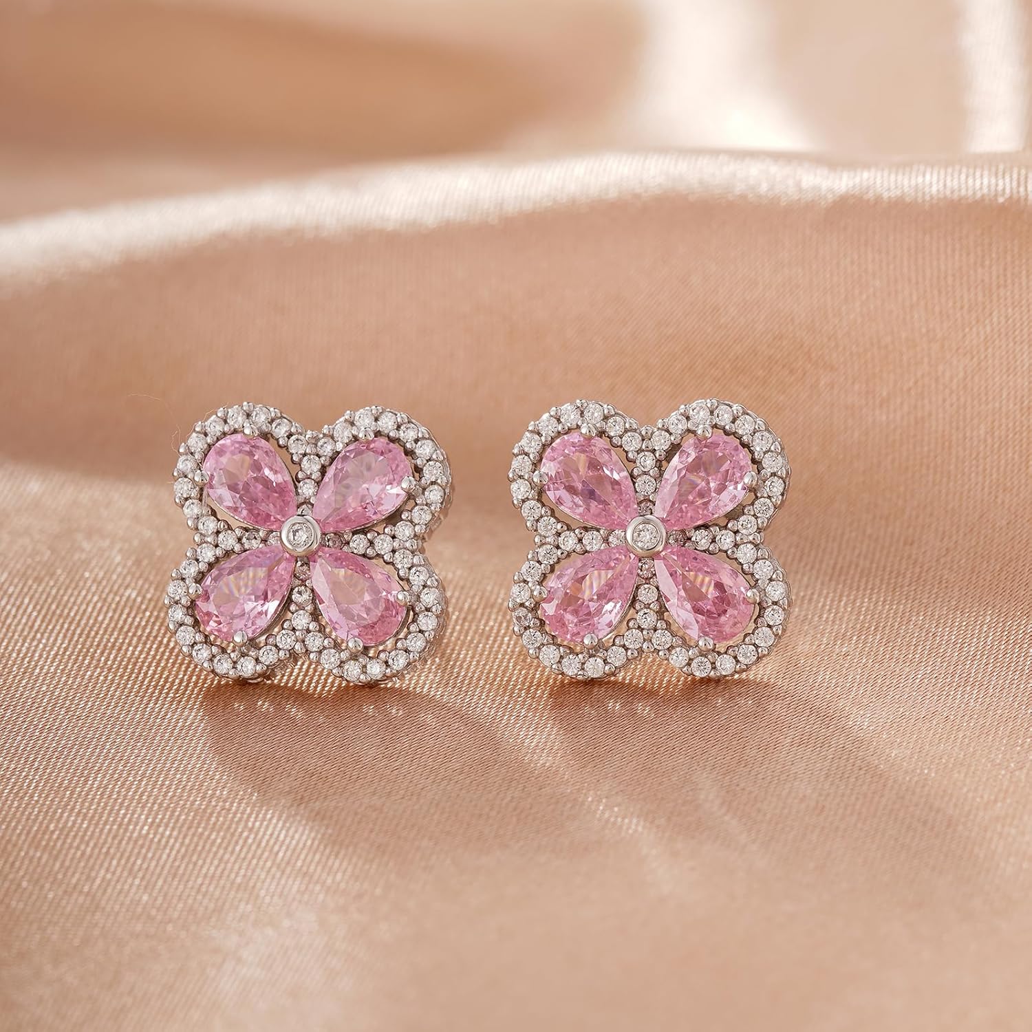 18K Gold Plated Stud Earrings for Women Trendy, 925 Sterling Silver Pear Shaped Stone Four Leaf Clover Earrings, Lightweight CZ Hypoallergenic Fashion Accessories Gold Jewelry Gifts for Women