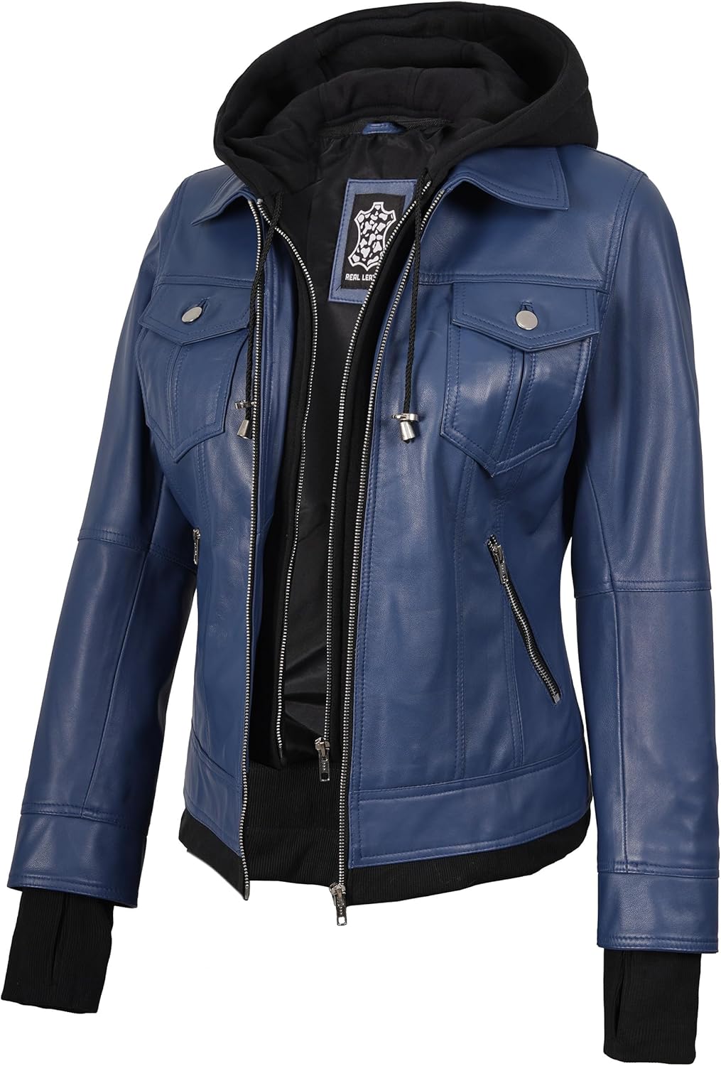 Blingsoul Hooded Leather Jacket Women - Real Lambskin Womens Leather Jackets with Detachable Hood