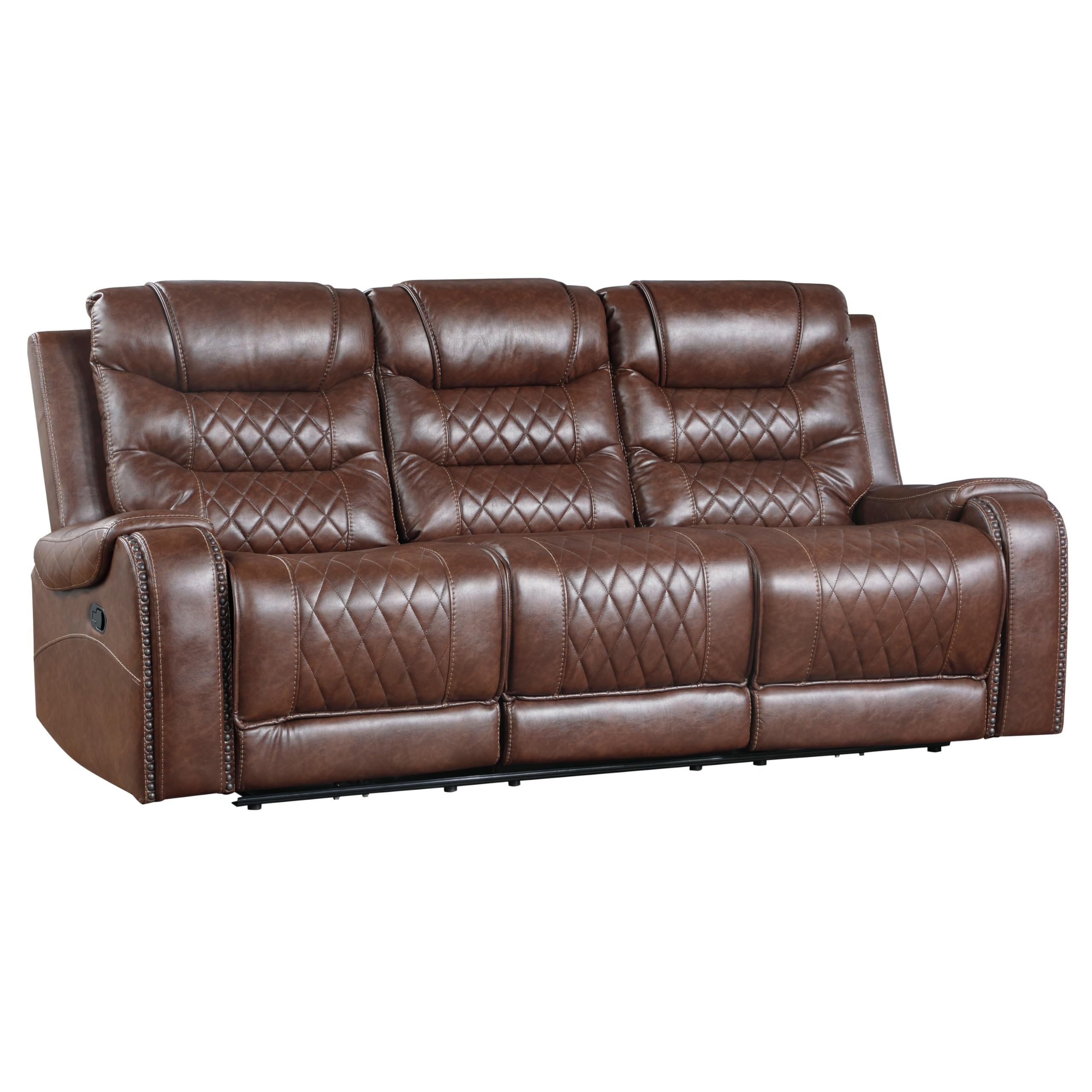 Benzara Paul 87 Inch Manual Recliner Sofa- Drop Table Cupholders Brown Faux Leather