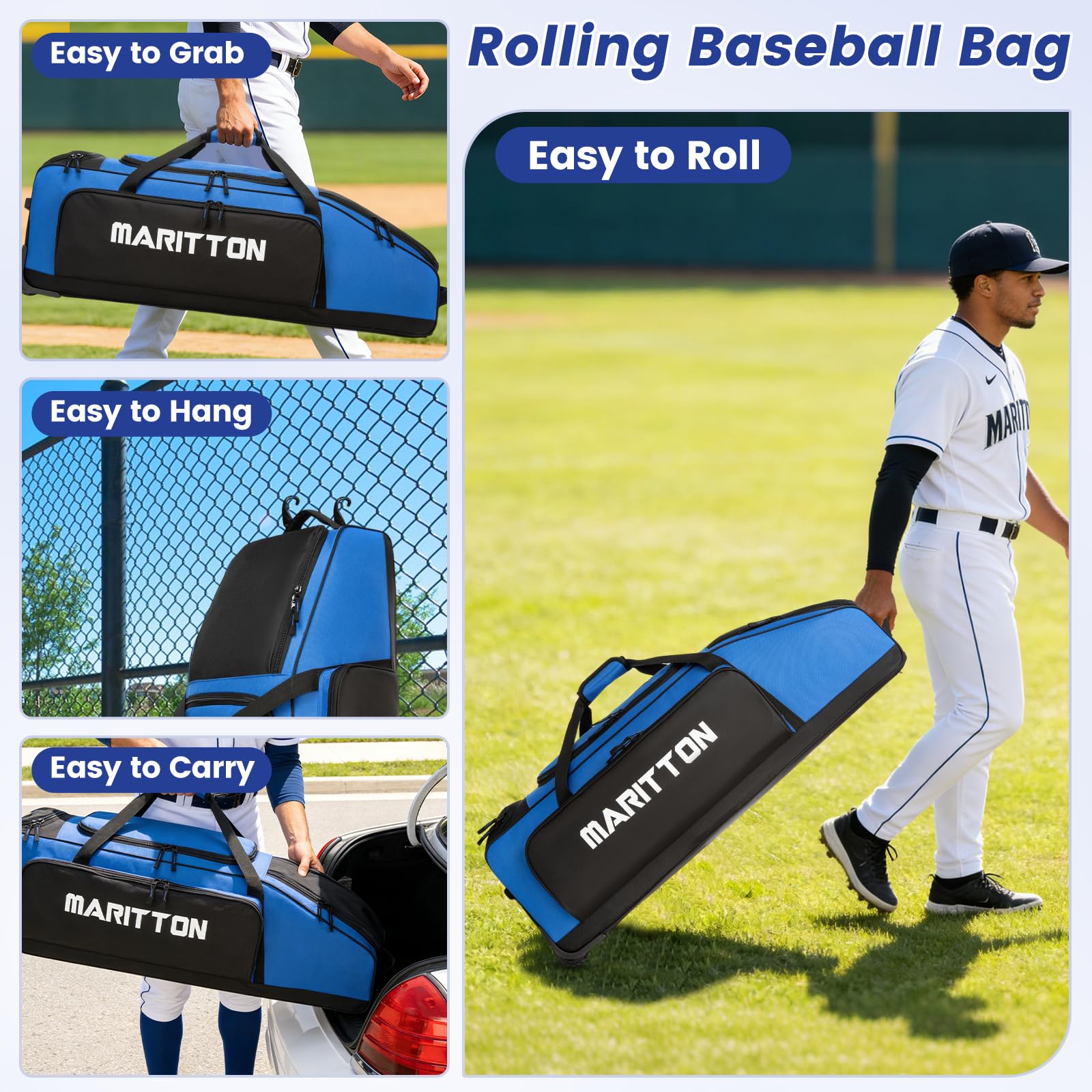 Rollende Baseballtasche mit Rollen, große Softballfänger, Ausrüstungstaschen für 4 Schläger mit separatem Schuhfach und Zaunhaken.