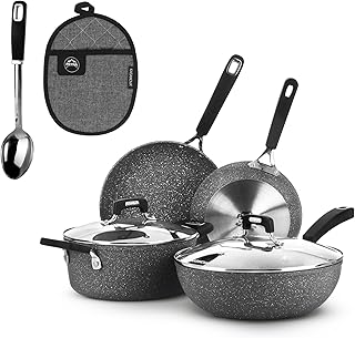 KASANOVA New Petra Dark Pot Set - Pots and Pans for Induction and Oven up to 180°C, Non-Stick Cookware with Handle Guard and Stainless Steel Spoon (8)