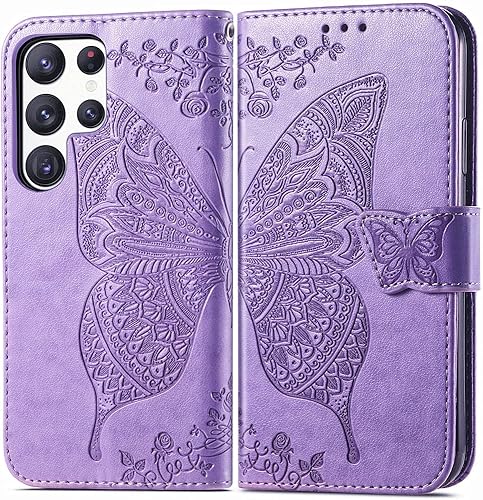Funda para Samsung Galaxy S23 Ultra, Samsung S23 Ultra 5G, MEUPZZK Cute Butterfly Premium PU Leather Kickstand Ranuras para tarjetas Correa de