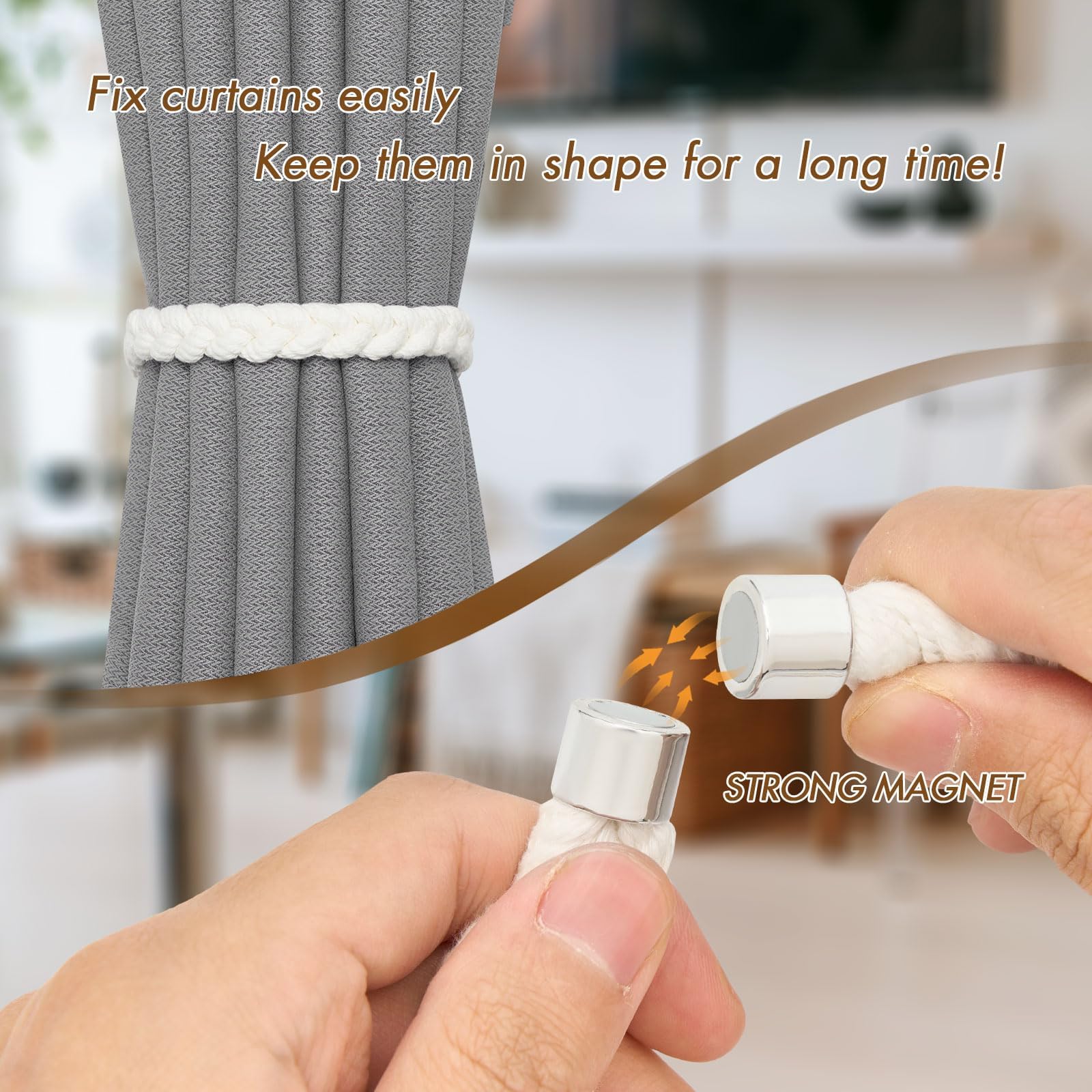 Pretty Jolly 4 Pack Natural Cotton Rope Curtain Tiebacks Elegant Boho Style Magnetic Drape Tie Backs Soft Hand-Woven Rope Curtain Holdbacks for Home & Office Drapery (Cotton rope-02) - Image 3