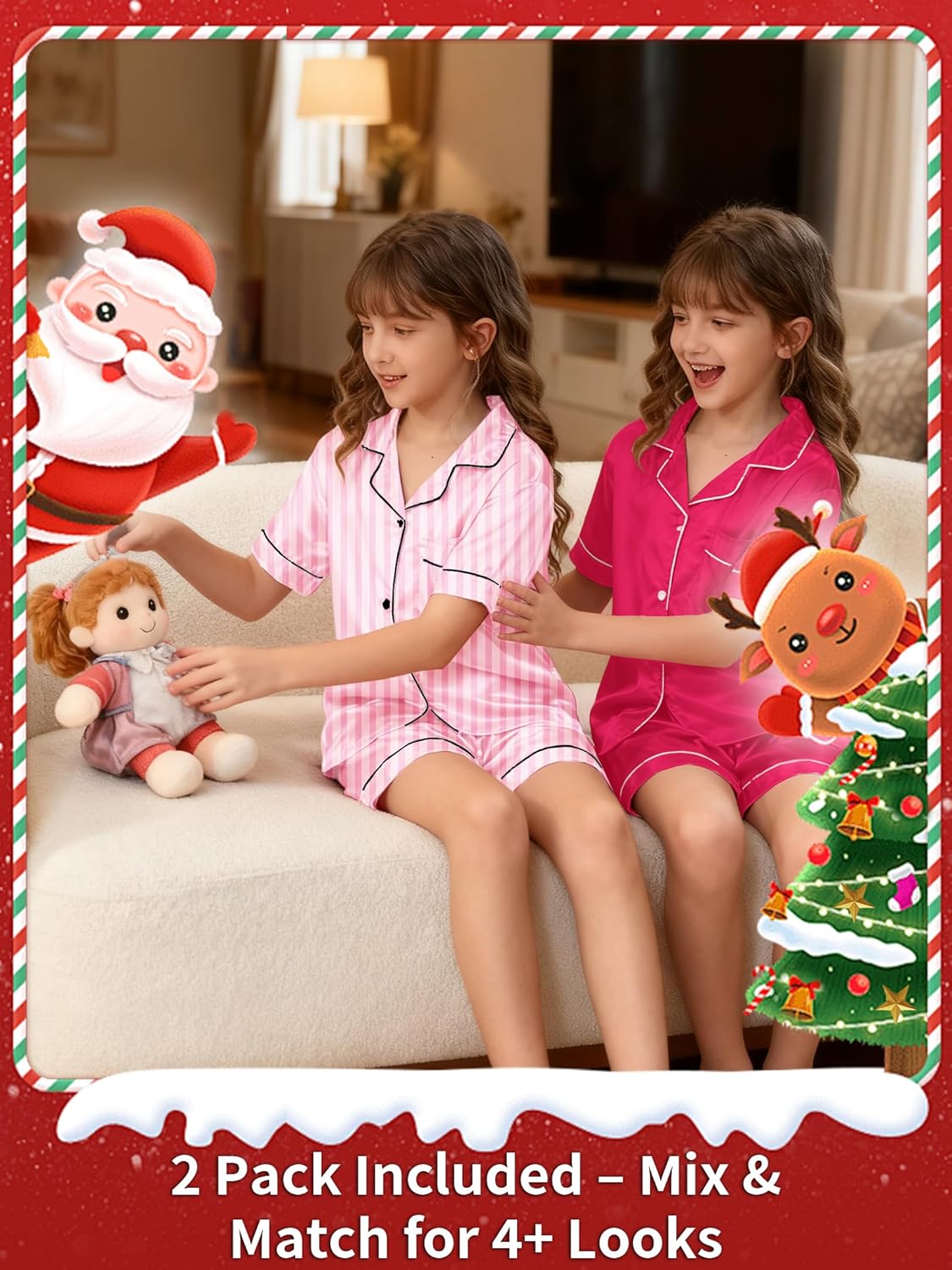 Girls 2 Packs Pajamas Set Satin Silky Short Sleeve Button Down Pjs Soft Sleepwear Sets for Kids Gift, Size 4Y-12Y - Image 5