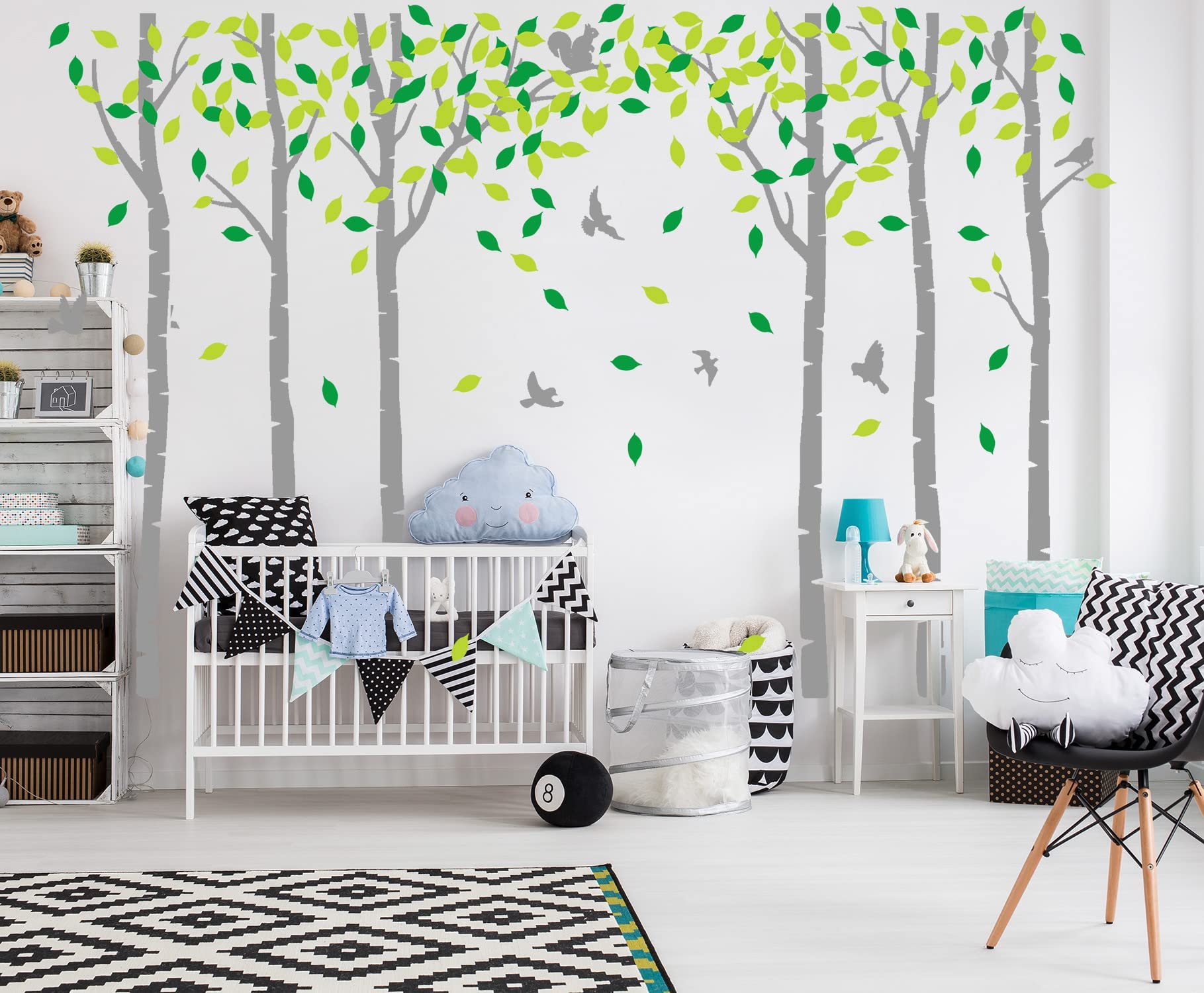Sei adesivi da parete con albero di betulla, con uccelli, scoiattolo, foresta, albero, adesivo da parete, decorazione per camera dei bambini, camera da letto, soggiorno, aula (grigio, verde)