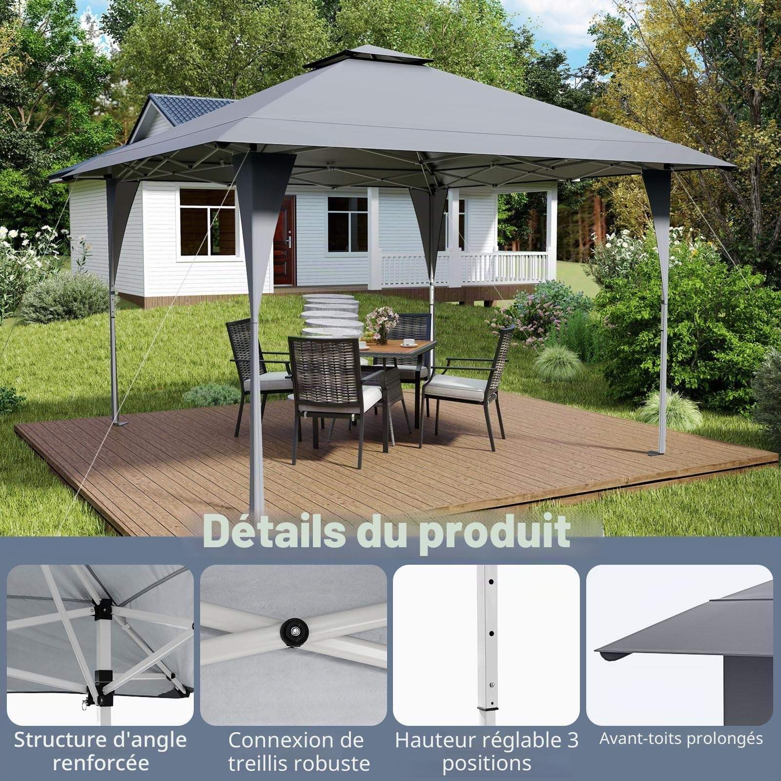 FANTASK Tonnelle Pliante 4 x 4 m, Pop-up avec Double Toit et Cadre en métal, tonnelle de Jardin réglable en Hauteur pour l'extérieur, Le marché et Le Jardin, Gris