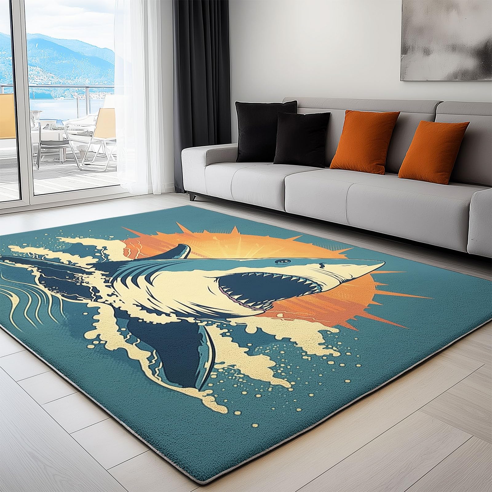 Générique Tapis de Salon Lavable en Machine 140 x 200 cm Doux à Poils Courts Moelleux Surf Vintage Tapis antidérapant, Requin Soleil Vague Style Rétro pour Le l'entrée, la Chambre et la Cuisine