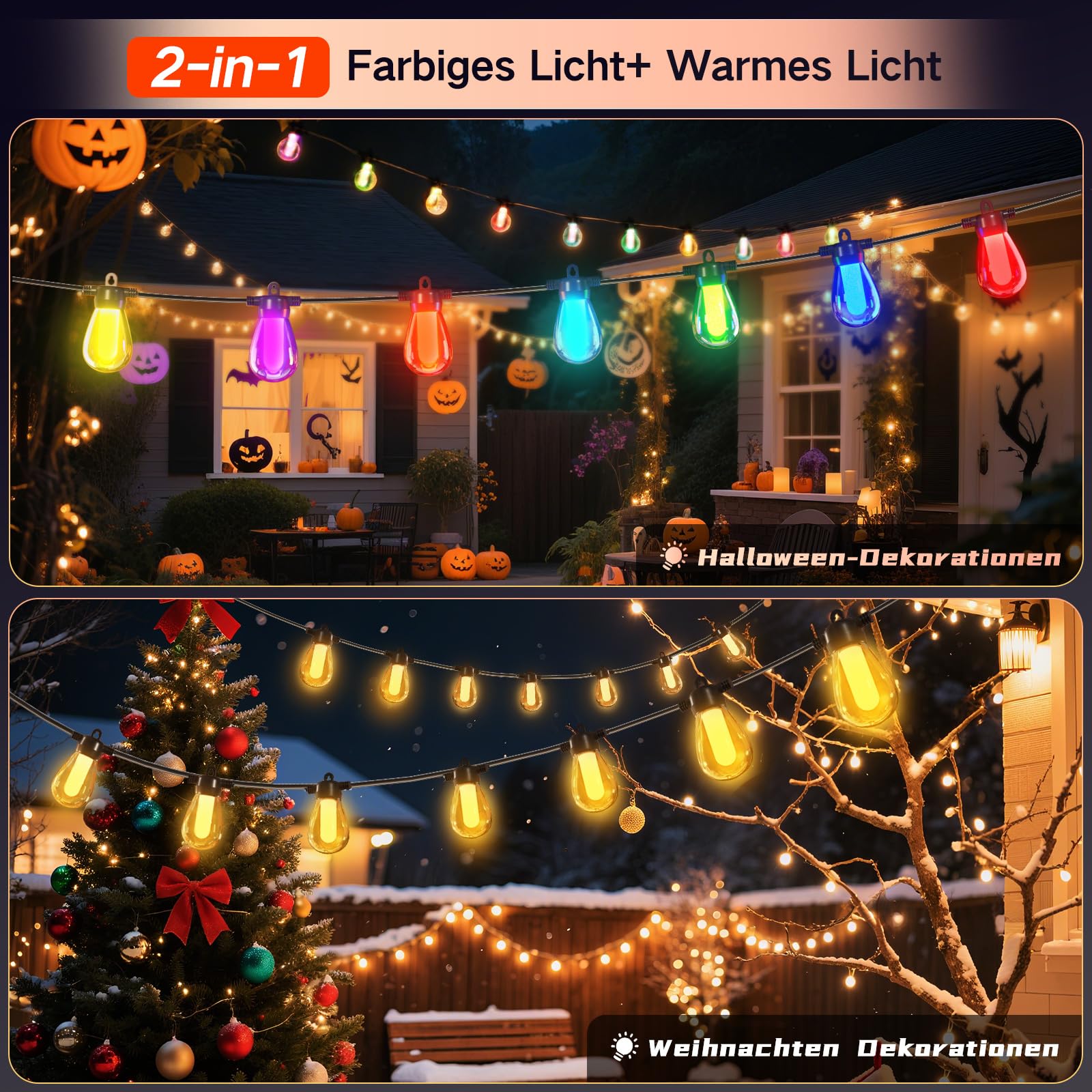 Guirlande lumineuse de 15 m pour l'extérieur/l'intérieur, réglable, RGB, plus de 1000 modes pour les fêtes, terrasses, brasseries en plein air, pavillons, balcons, jardins, Halloween, Noël (APP)