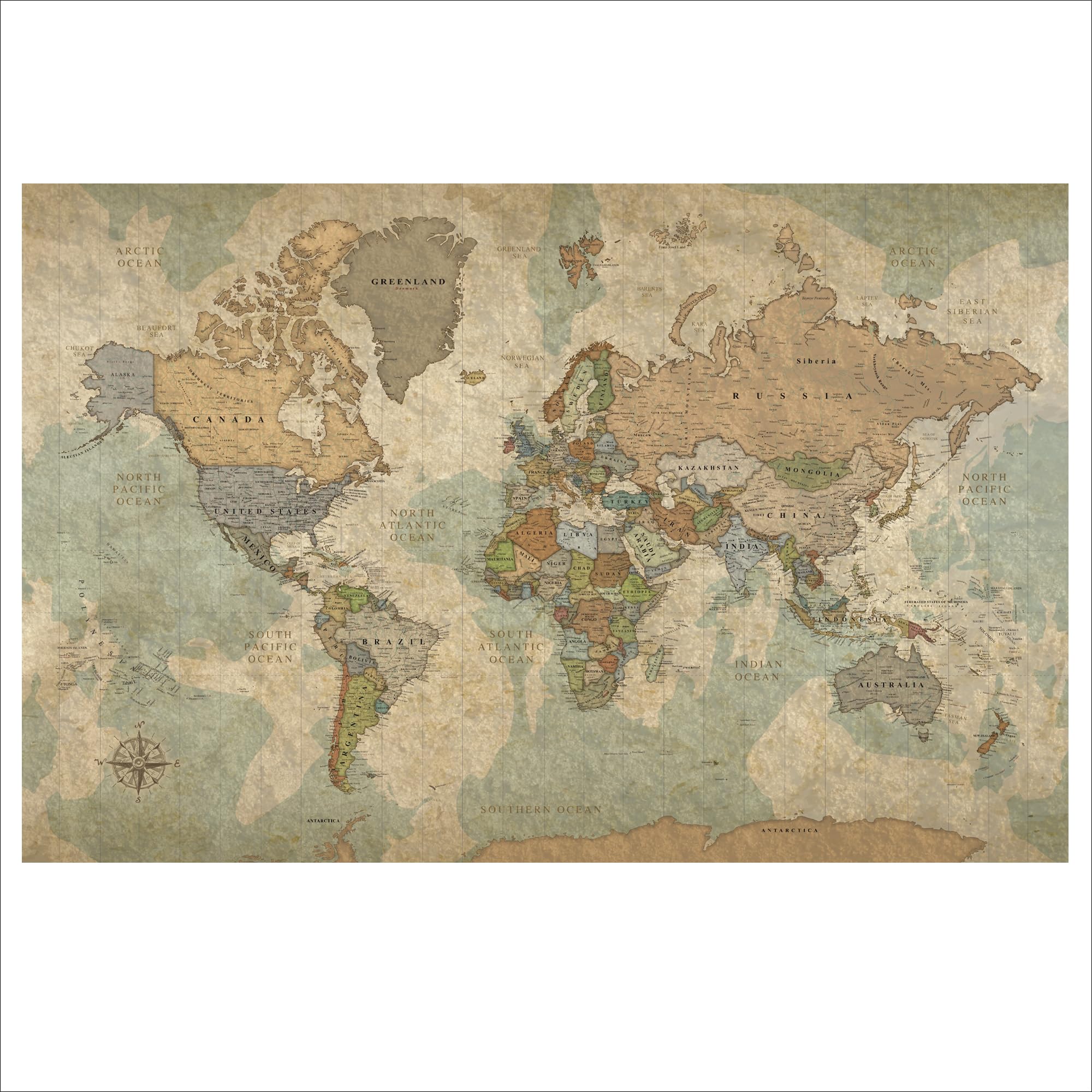 HolyCowCanvas World Map on Canvas in Vintage Earth Tones with Pins to Mark Travels, World Map Pin Board, Travel Tracker (40x24, Rolled/Unframed)