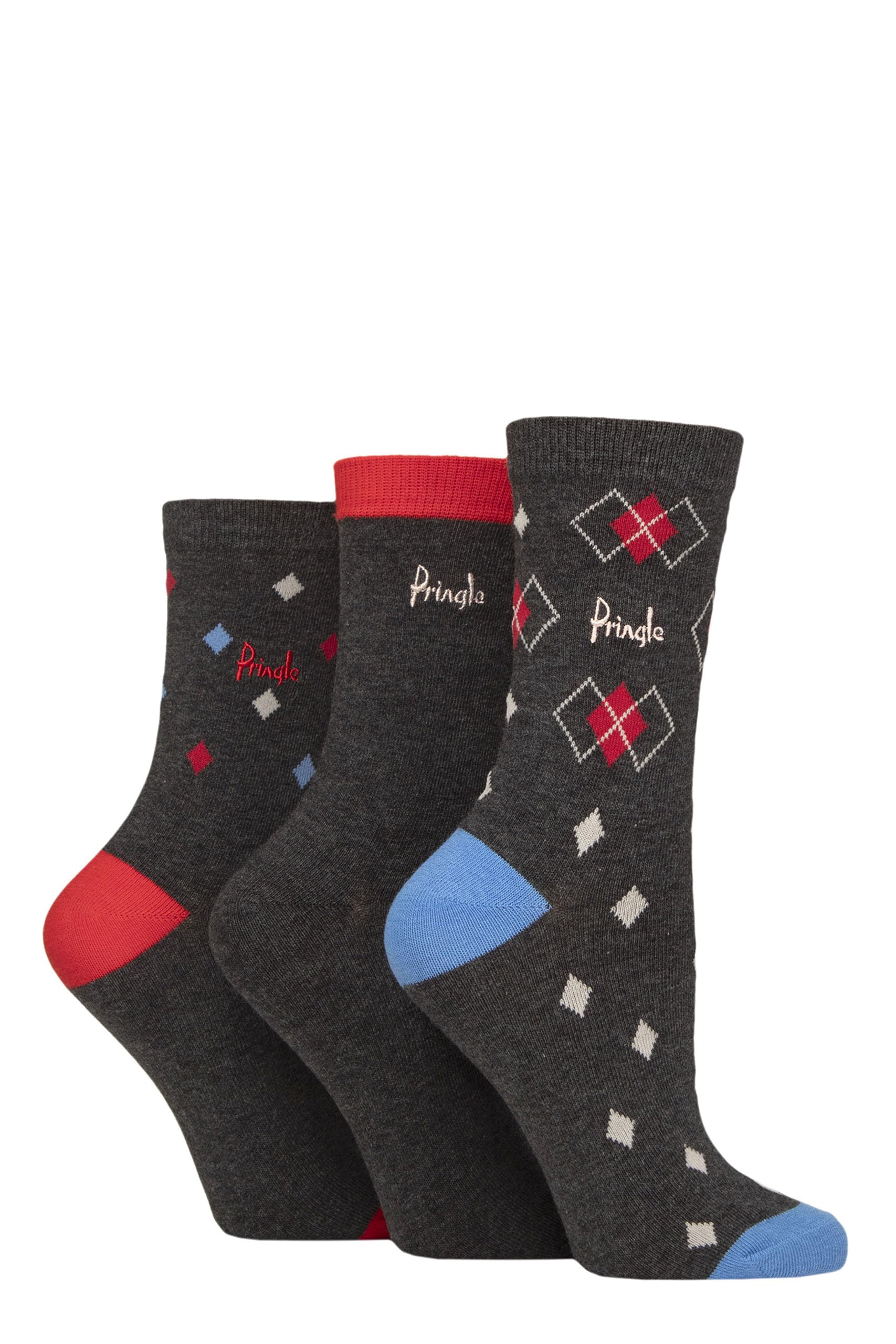 Pringle of Scotland Ladies Patterned Cotton Socks Pack of 3 (UK, Numeric, 4, 8, Regular, Regular, Charcoal Argyle)