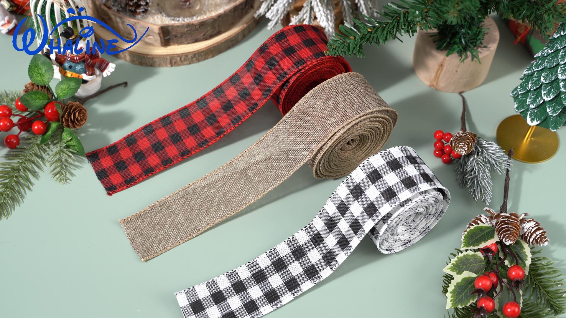 3 Rolls Christmas Plaid Burlap Ribbon - 24 Yards Total Buffalo Plaid For Gift Wrapping & Crafts