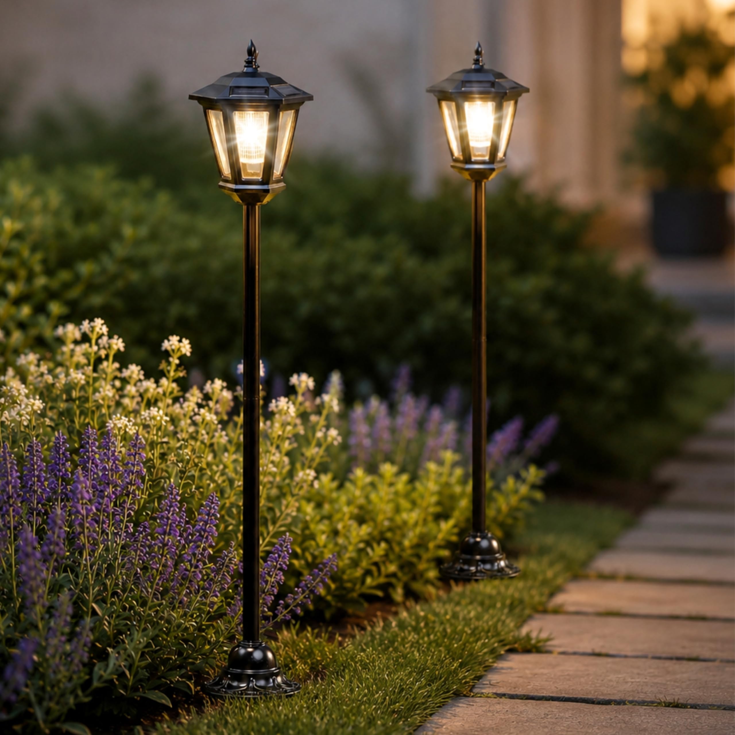 Garden Mile Black Set Of 2 Solar Powered Lamp Post Lights 1.1M Outdoor Garden Lantern For Outdoor Lighting Waterproof Victorian Lanterns With Stake & Base For Pathway, Driveway, Patio & Garden