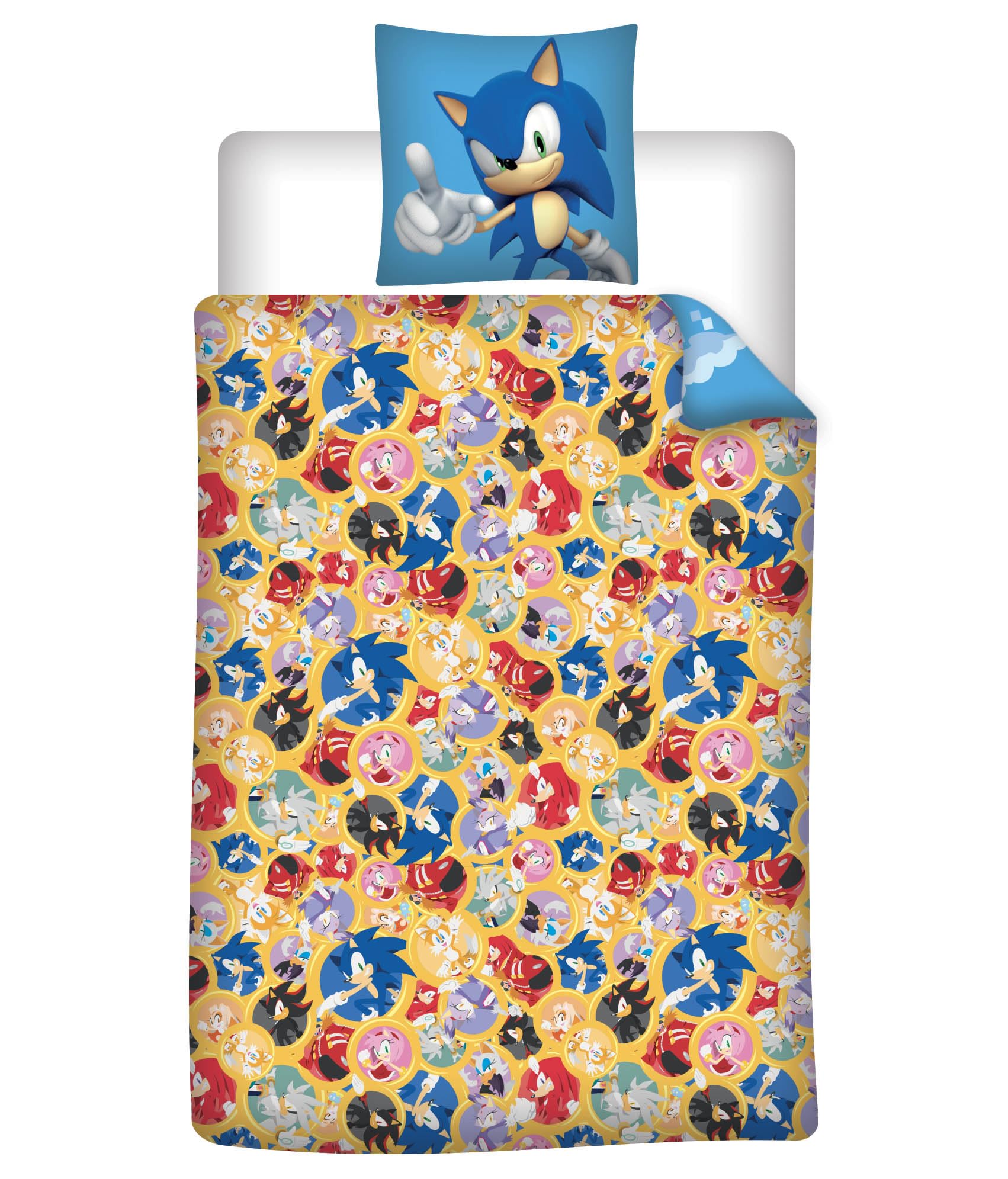 Sonic Le Hérisson Bleu Housse de Couette 140x200 + Taie 63x63 Polyester | Parure de lit qualité supérieure | Polyester Oeko-Tex | SEGA officiel | Garçon | Cadeau | Lavable en machine