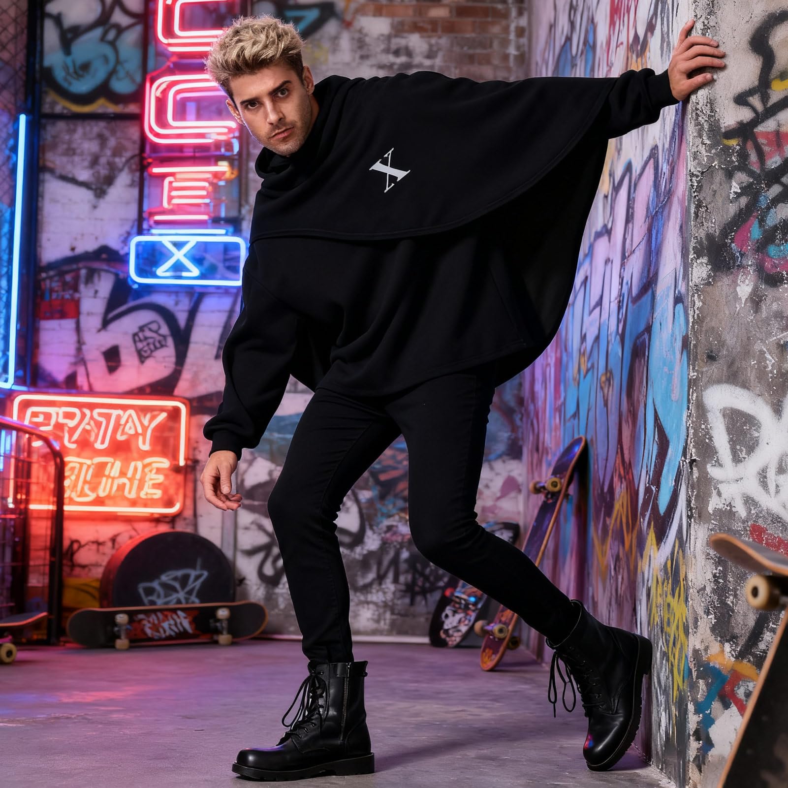 Felpa con Cappuccio Poncho Cape da Uomo Manica Lunga Pullover Collo Alto Techwear Streetwear Hoodies