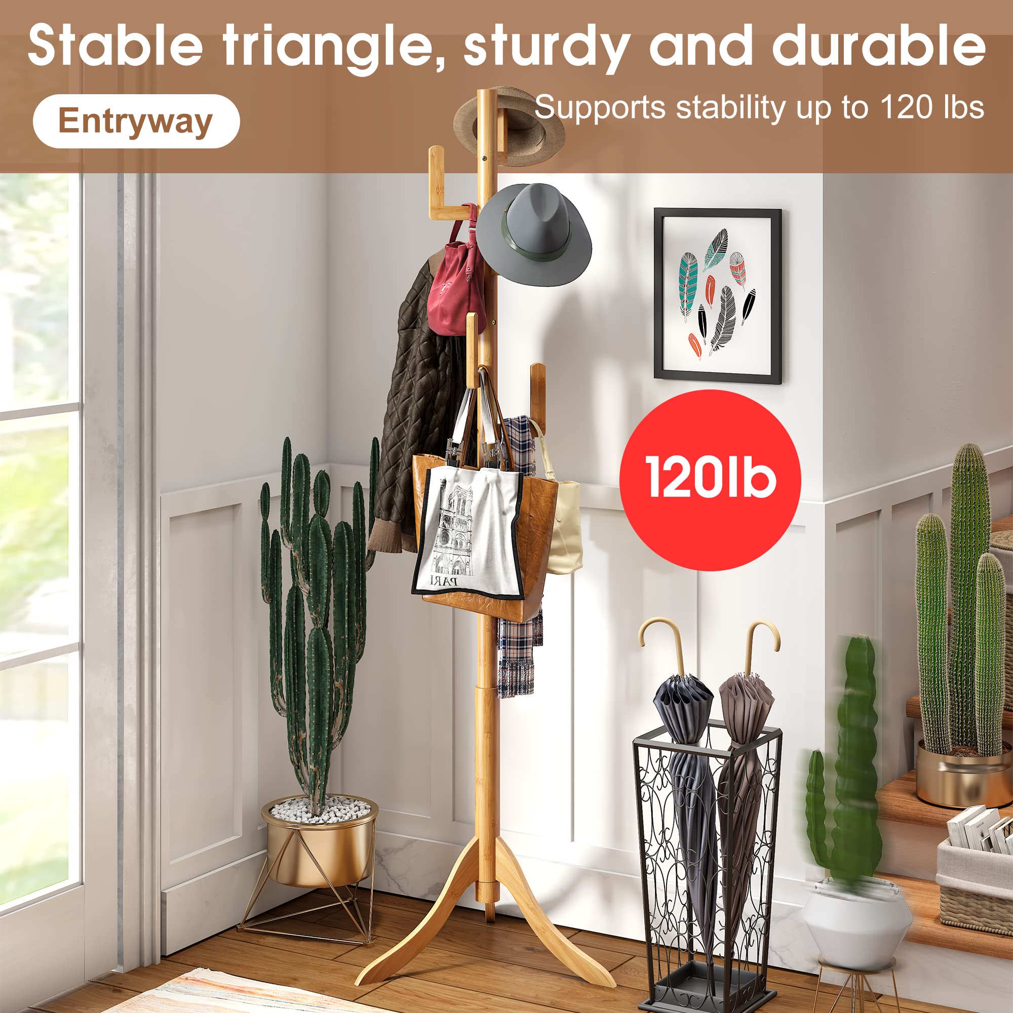 FILWH Coat Rack Freestanding Bamboo Coat Tree with 6 Hooks Adjustable Sizes Free Standing Coat Rack Super Easy Assembly Hallway Entryway Coat Hanger Stand for Clothes Suits(Natural)