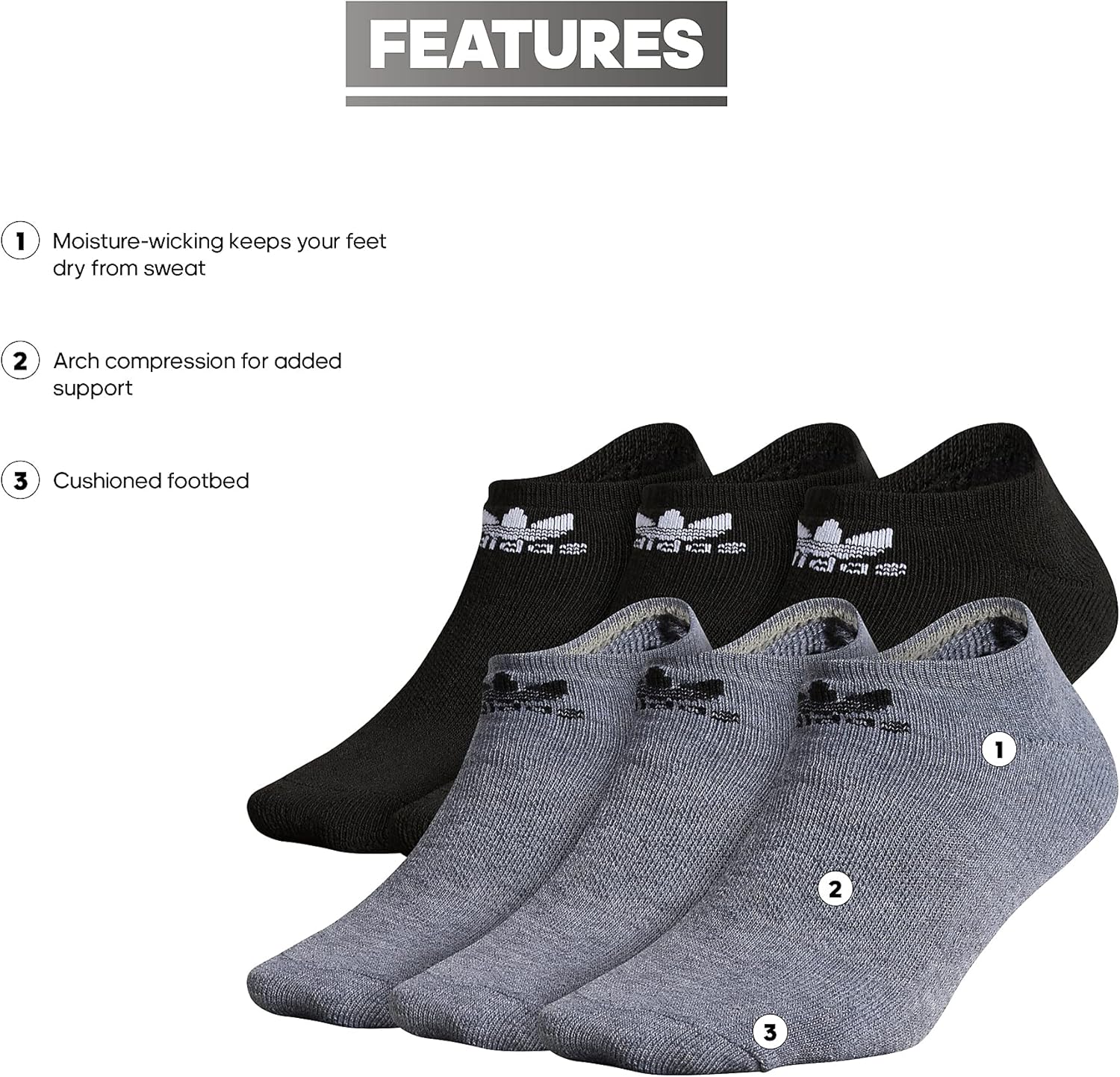 adidas Originals boys Youth Originals Trefoil 6-pack No Show - Image 3