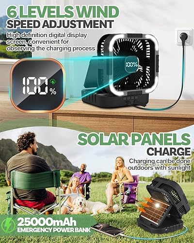 Miniatura 3 de Ventilador solar de campamento de 25000 mAh, ventilador solar recargable de oscilación de 120 con luz LED, 6 velocidades ajustables, ventiladores