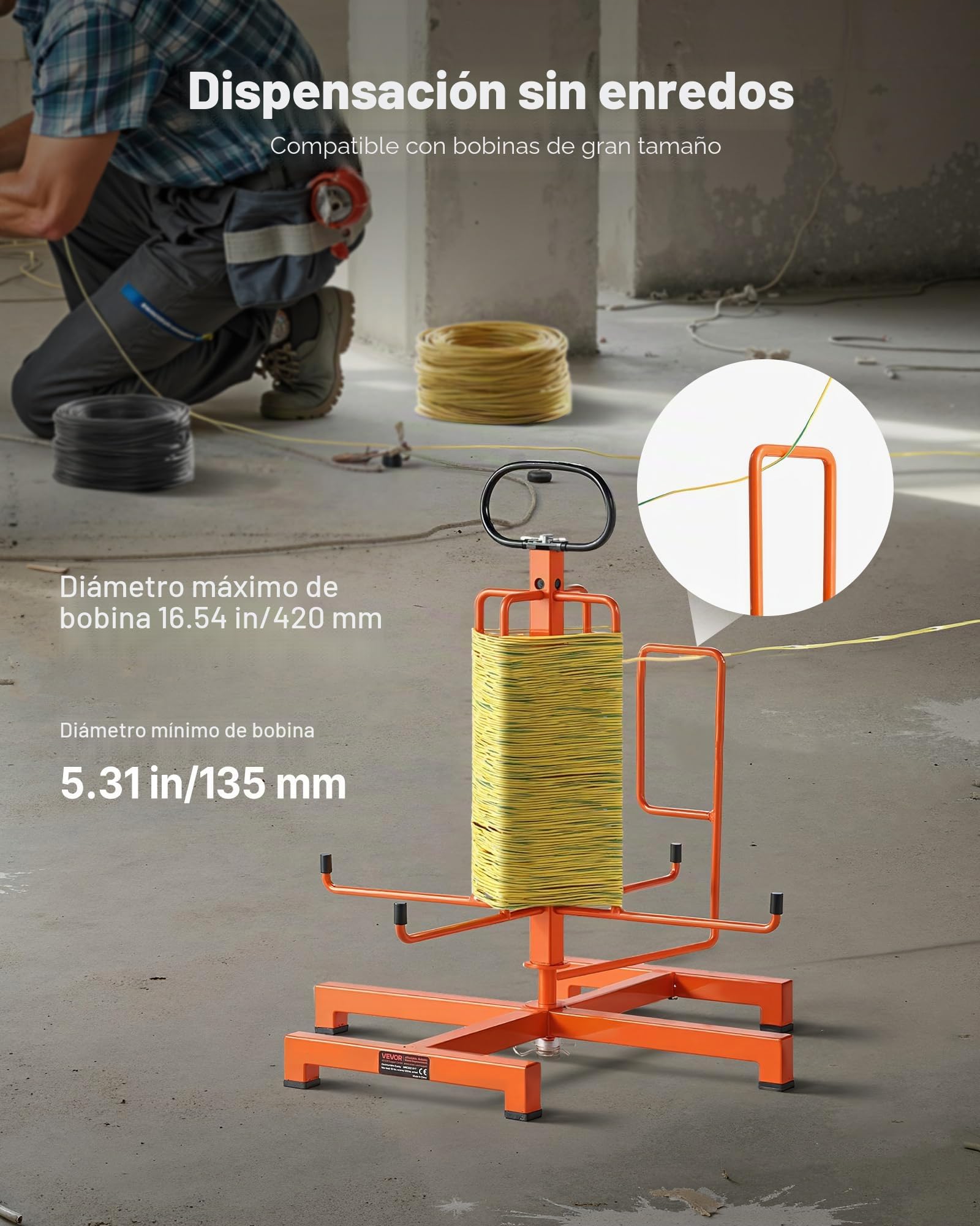 VEVOR Dispensador de Cables para Montaje en Suelo o Montante, Portacarretes de Alambre con Asa Metálica Antideslizante para Transporte de Cableado y Ojal Giratorio para Uso Eléctrico, Industrial
