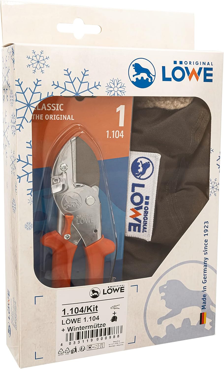 Original LÖWE 1 Professional Anvil Secateurs 1.104 with Stainless Steel Blade and Non-Stick Coating & Warm Lined Winter Hat, Ideal for Winter Gardening