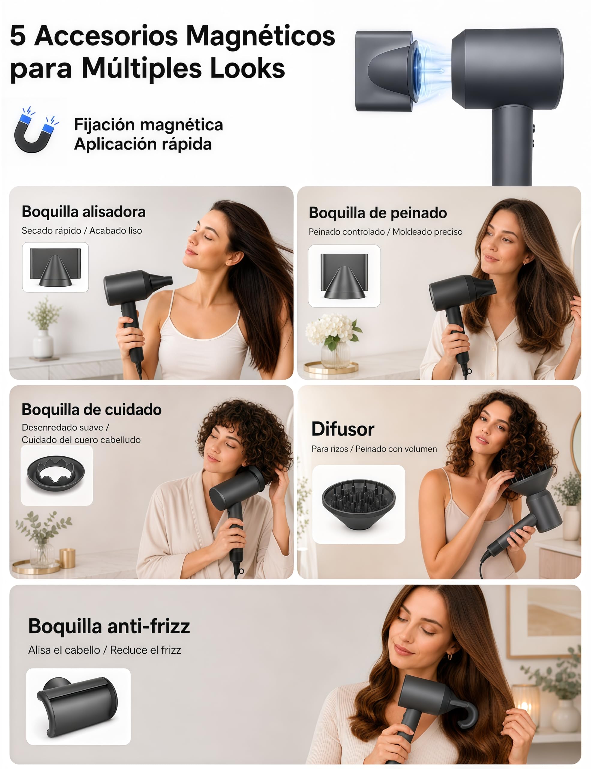 Secador de Pelo de Alta Velocidad con 5 Difusores Compatible con Dyson, 160.000 rpm, Iónico, Motor sin Escobillas 50 dB, Pantalla Táctil LED, Control NTC, 600 M Iones Negativos, 13 Modos, Magnético