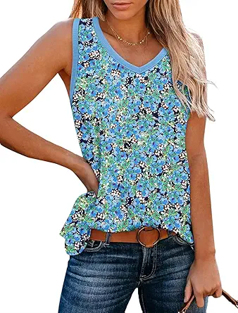 KISSMODA Womens Flora Print Tank Tops Ribbed Summer Shirt Sleeveless Summer Casual Women Blouses(S-3XL)