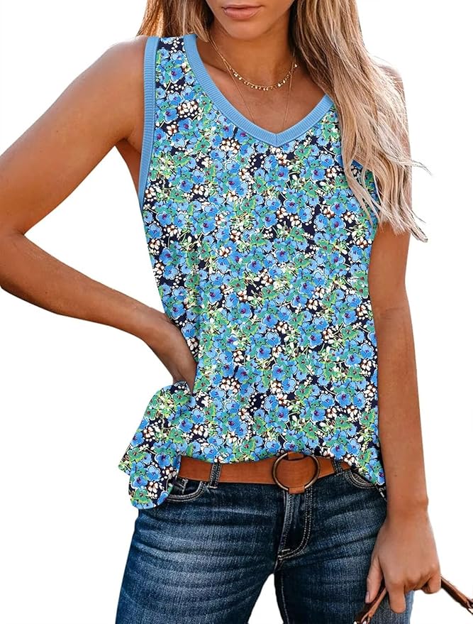KISSMODA Womens Flora Print Tank Tops Ribbed Summer Shirt Sleeveless Summer Casual Women Blouses(S-3XL)