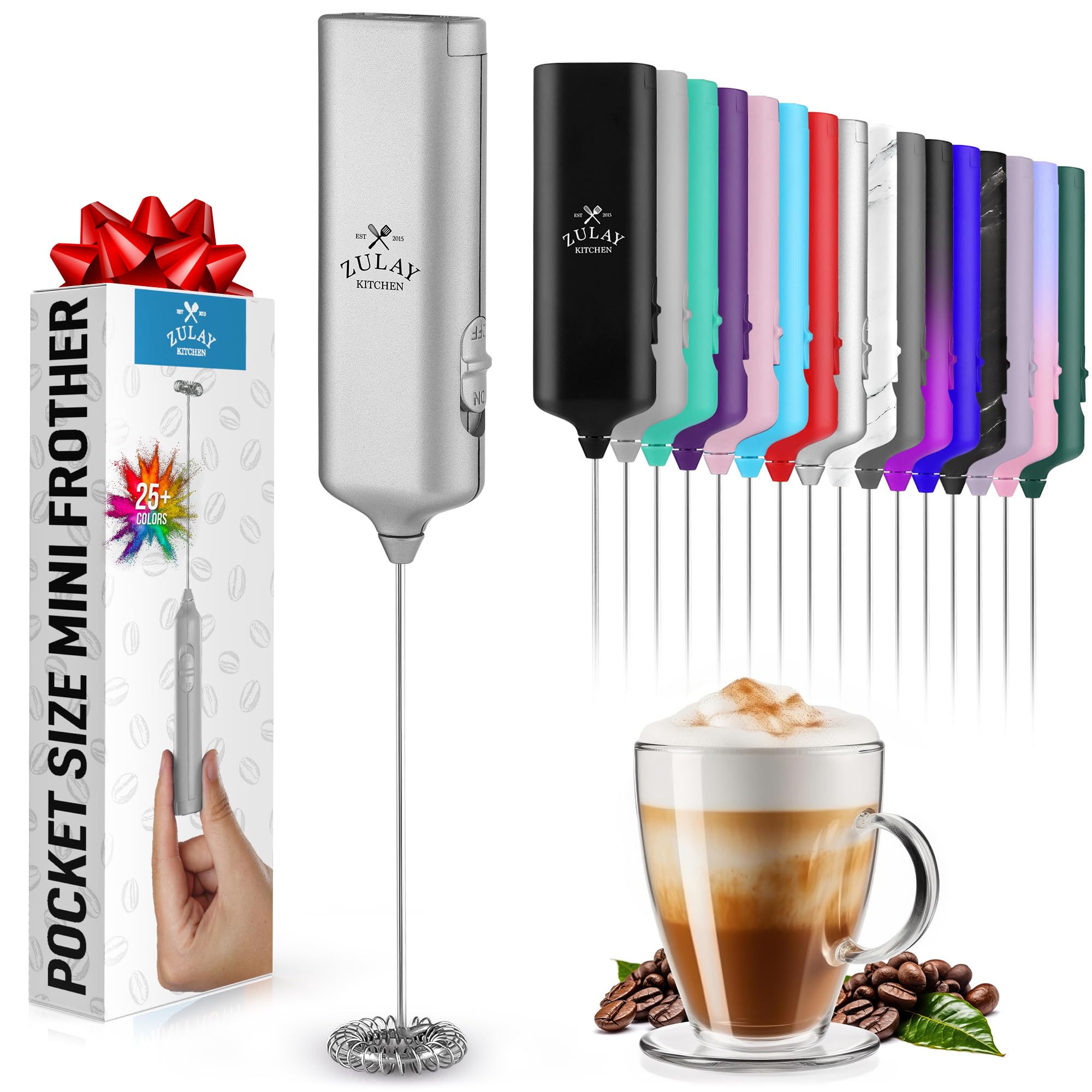Mini & Mighty Milk Frother Wand – Powerful Handheld Coffee Frother, Battery Operated Drink Mixer – Compact Pocket Size – Detachable Whisk for Latte, Cappuccino, Matcha, Hot Chocolate – Silver