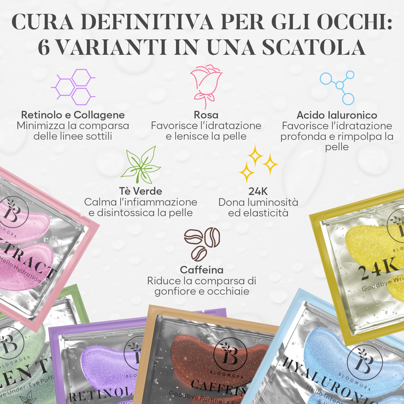 BLOOMORA Patch Occhi (30 paia, mix varietà) - Maschera Occhi con Niacinamide e Acido ialuronico - Eye Patch - Maschera Occhiaie - Patch Occhiaie e Borse - Maschera Contorno Occhi