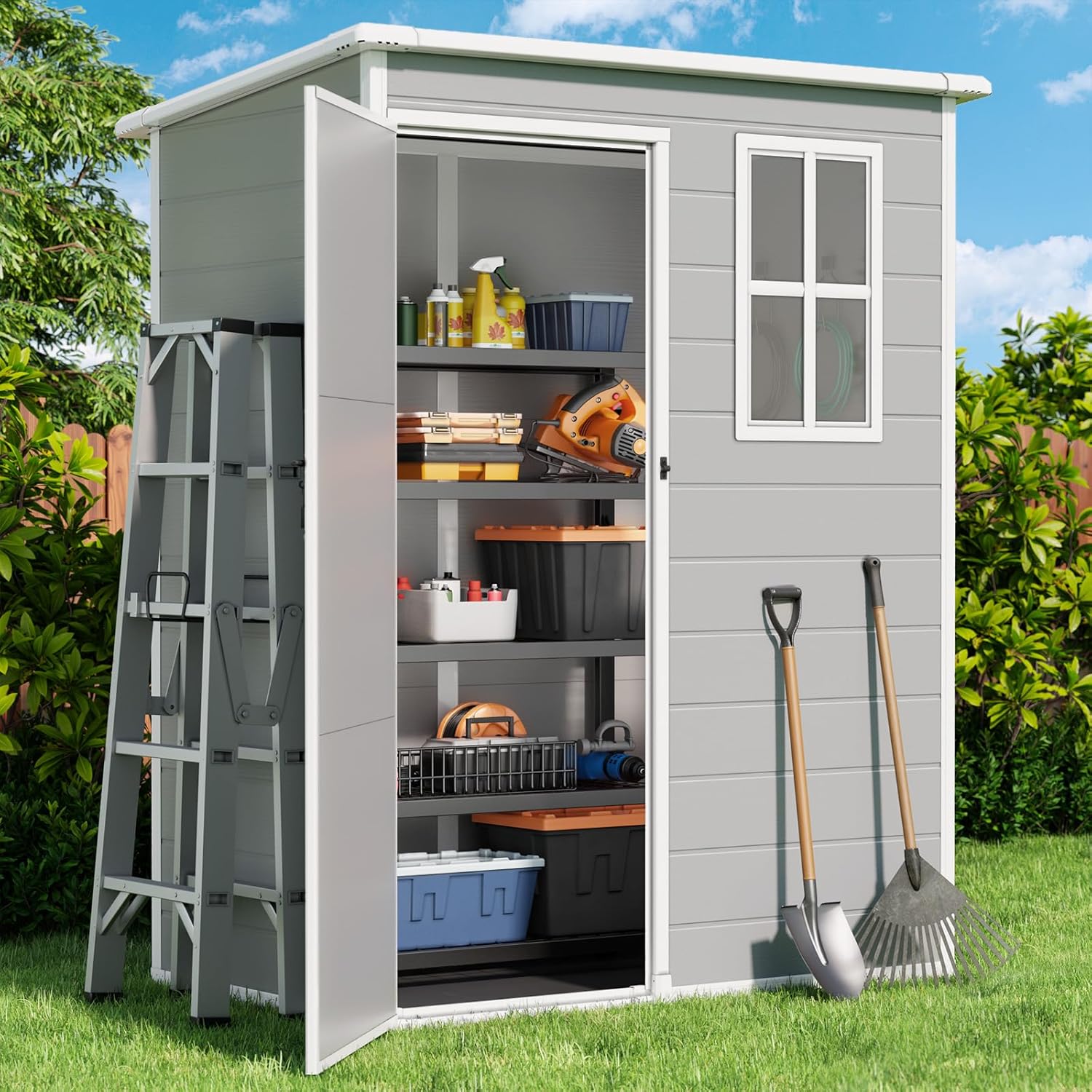Gizoon 5X3 FT Resin Outdoor Storage Shed, Plastic Garden Sheds with Floor to Store Patio Furniture, Gardening Tools, Outside Patio Storage House with Lockable Door for Backyard, Lawn, Grey Gizoon 5X3 FT Resin Outdoor Storage Shed, Plastic Garden Sheds with Floor to Store Patio Furniture, Gardening Tools, Outside Patio Storage House with Lockable Door for Backyard, Lawn, Grey