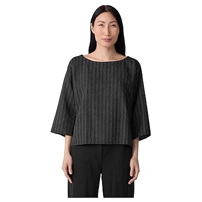 Eileen Fisher Cotton Blend Stripe Stitch Bateau Neck Box Top Women