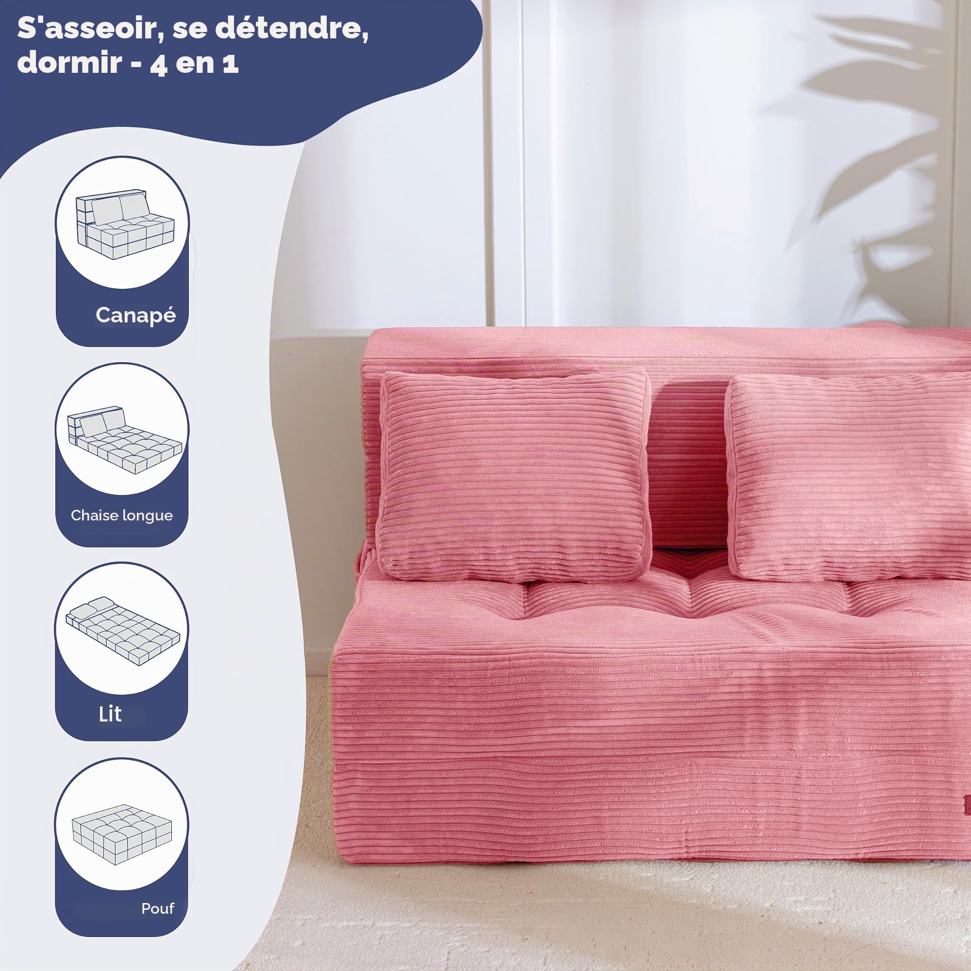 MAXYOYO Canapé-lit avec Matelas Pliant Confortable en 4 Parties de 15 cm d'épaisseur et 1 Coussin, canapé Pliant avec Fonction de Sommeil, Matelas d'invités Pliable