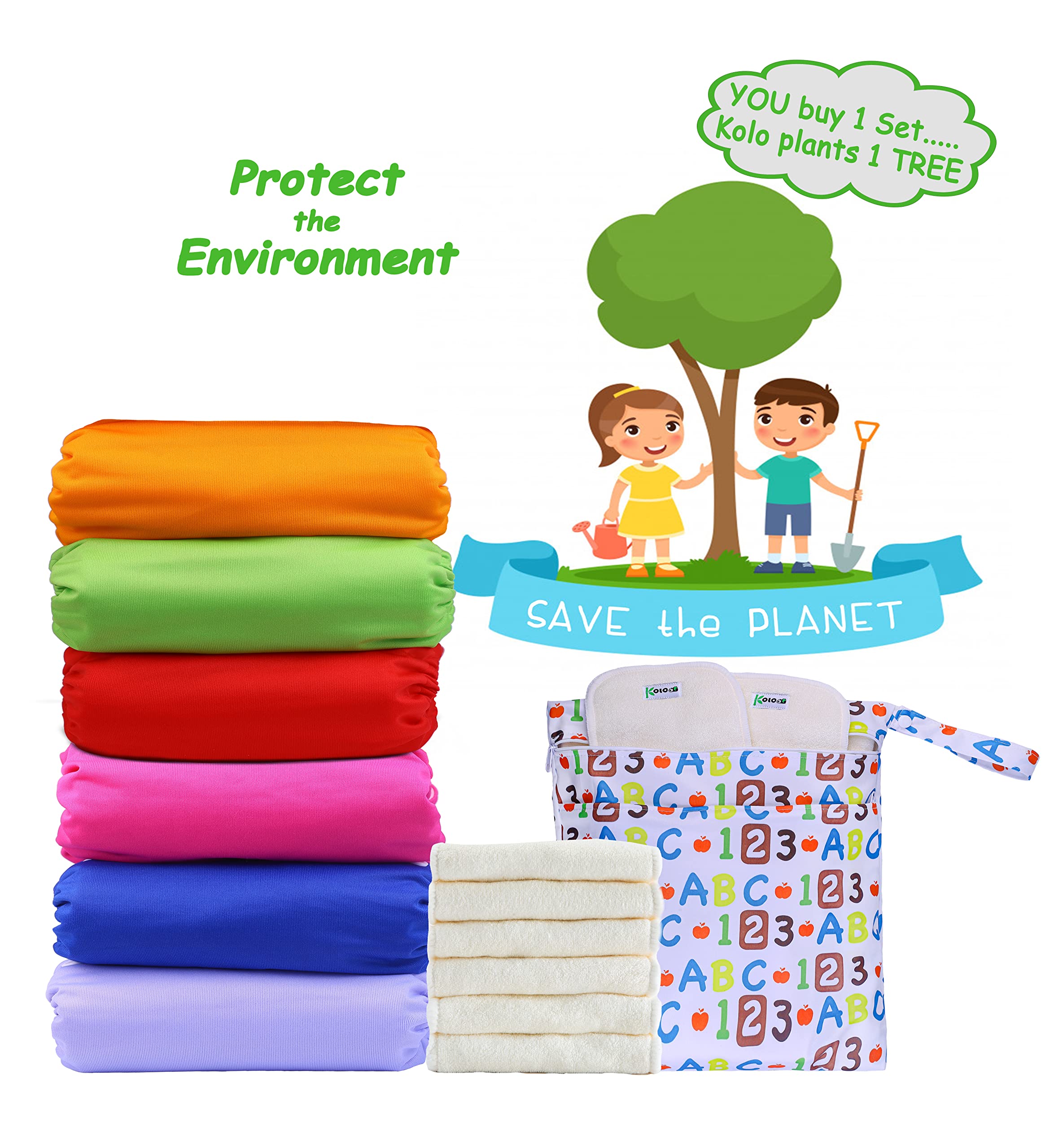 Kolo - kit de pañales de tela para bebés y niños: 6 pañales reutilizables + 6 insertos de bambú + 1 bolsa de transporte de pañales - 100% ecológicos