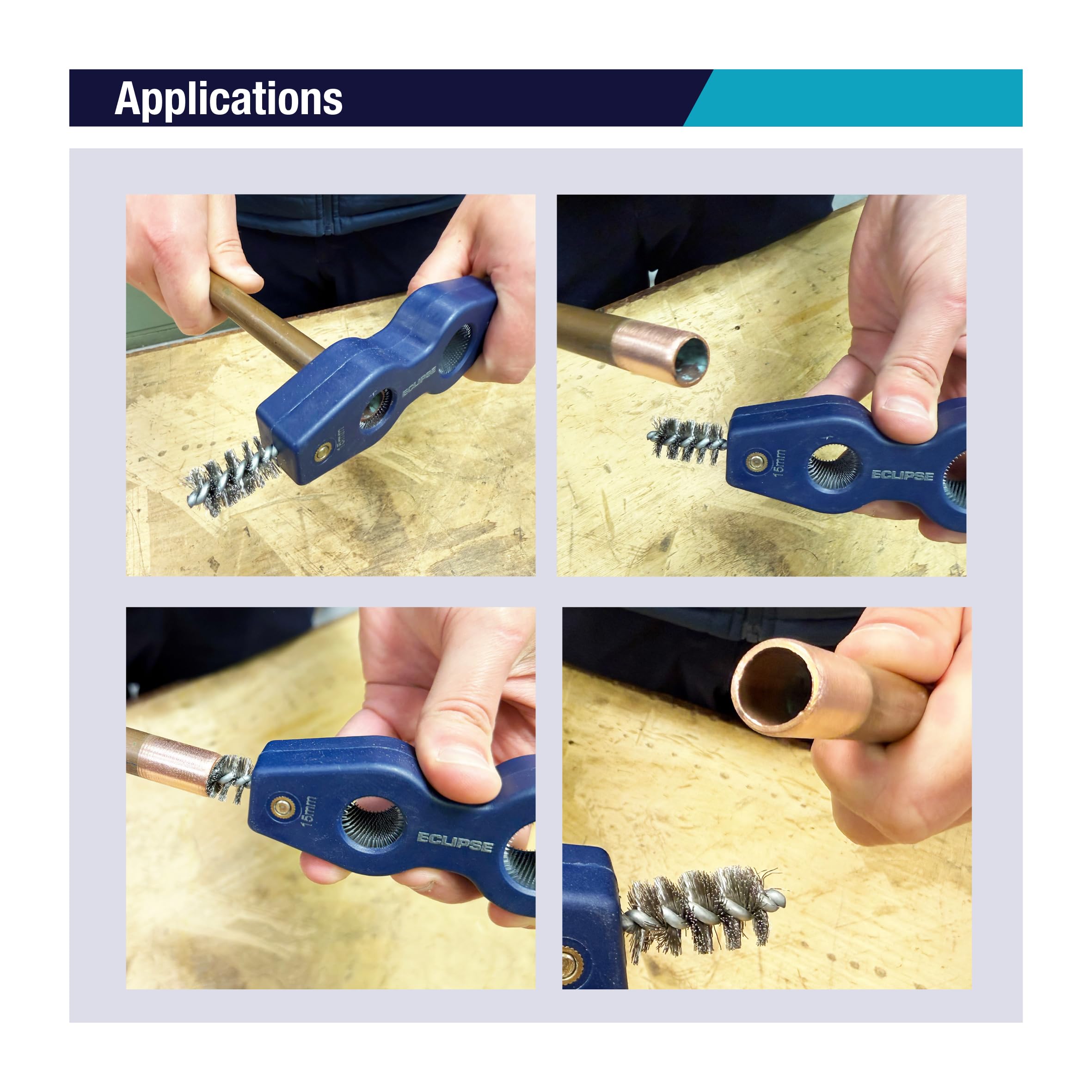 Eclipse Professional Tools E4IN1PCDT Narzędzie 4w1 do Czyszczenia i Gratowania Rur – czyszczenie wewnętrzne/zewnętrzne rur 15 i 22 mm, szczotka stalowa, usuwa rdzę i korozję