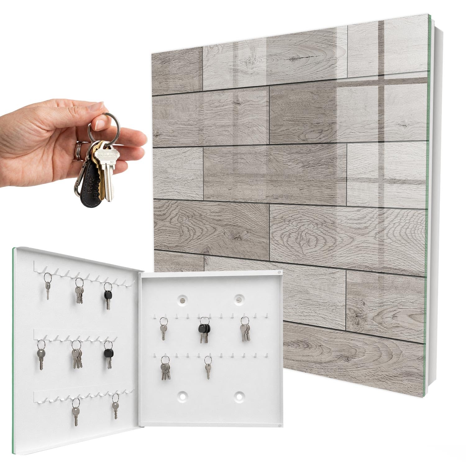Cassetta portachiavi 30x30 cm Legni grigi Porta Sinistra Bianco | Appendiabiti | Bacheca | Vetrinetta | Nicchia | Casellario | Armadio | Gancio | Quadro | Mobiletto | Contenitore | Supporto