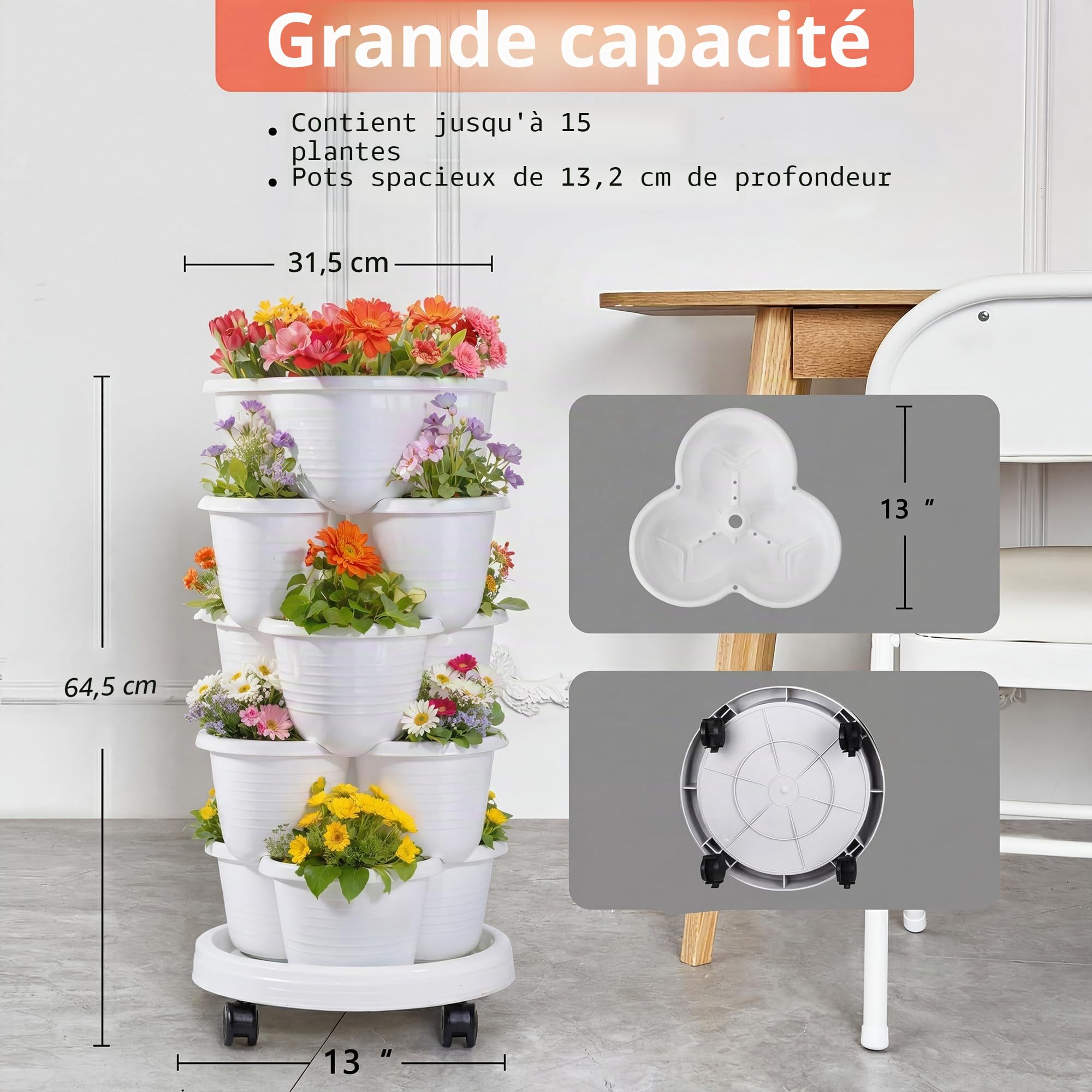 VECELO Jardinière Verticale à 5 Niveaux et à roulettes, Pots de Fleurs empilables, arrosage Autonome, pour Fraises, Herbes aromatiques, Fleurs, légumes, Blanc