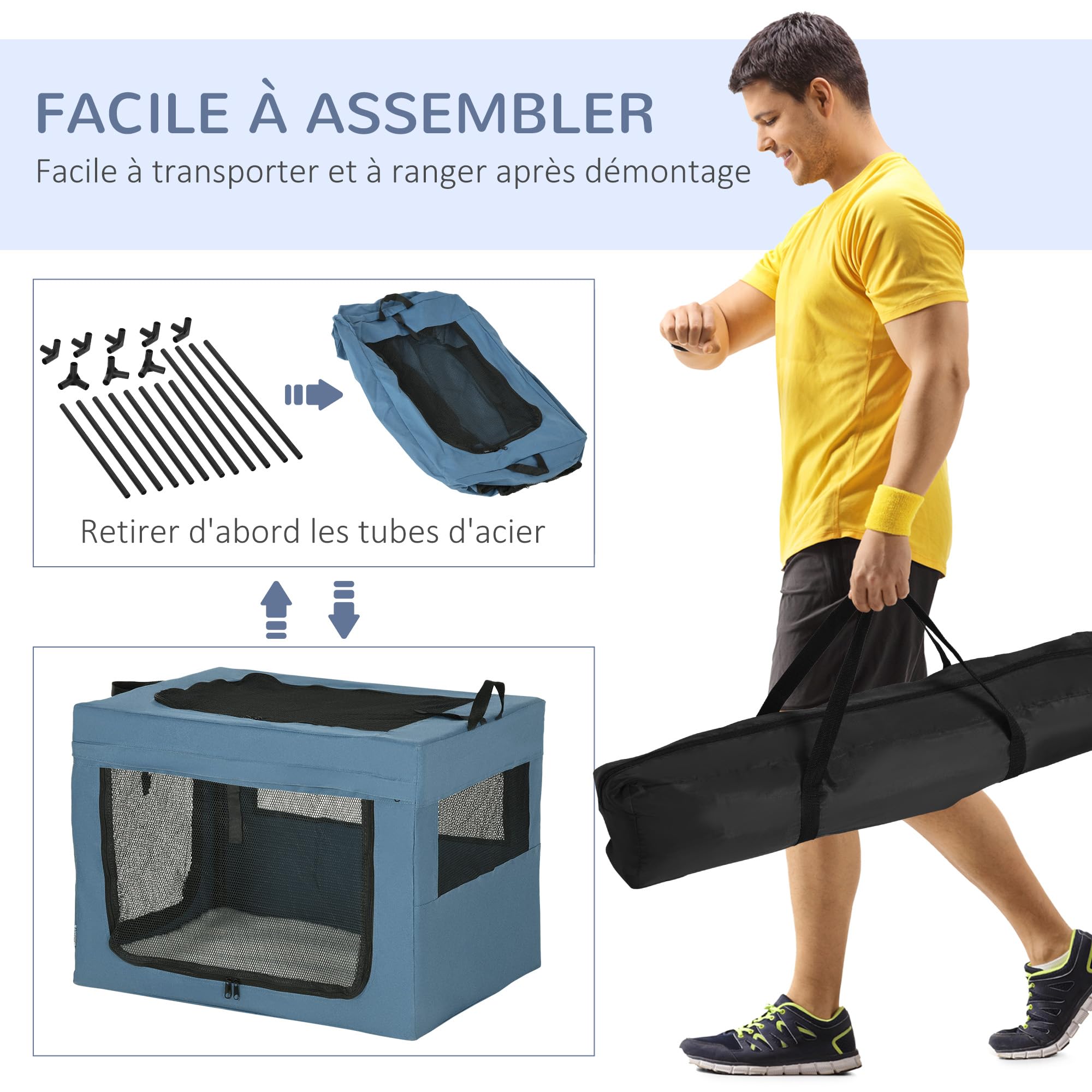 PawHut Sac de Transport Pliable pour Animaux de Compagnie avec poignée Ouverture supérieure Tissu en Maille - 69 x 51 x 51 cm - Bleu Noir