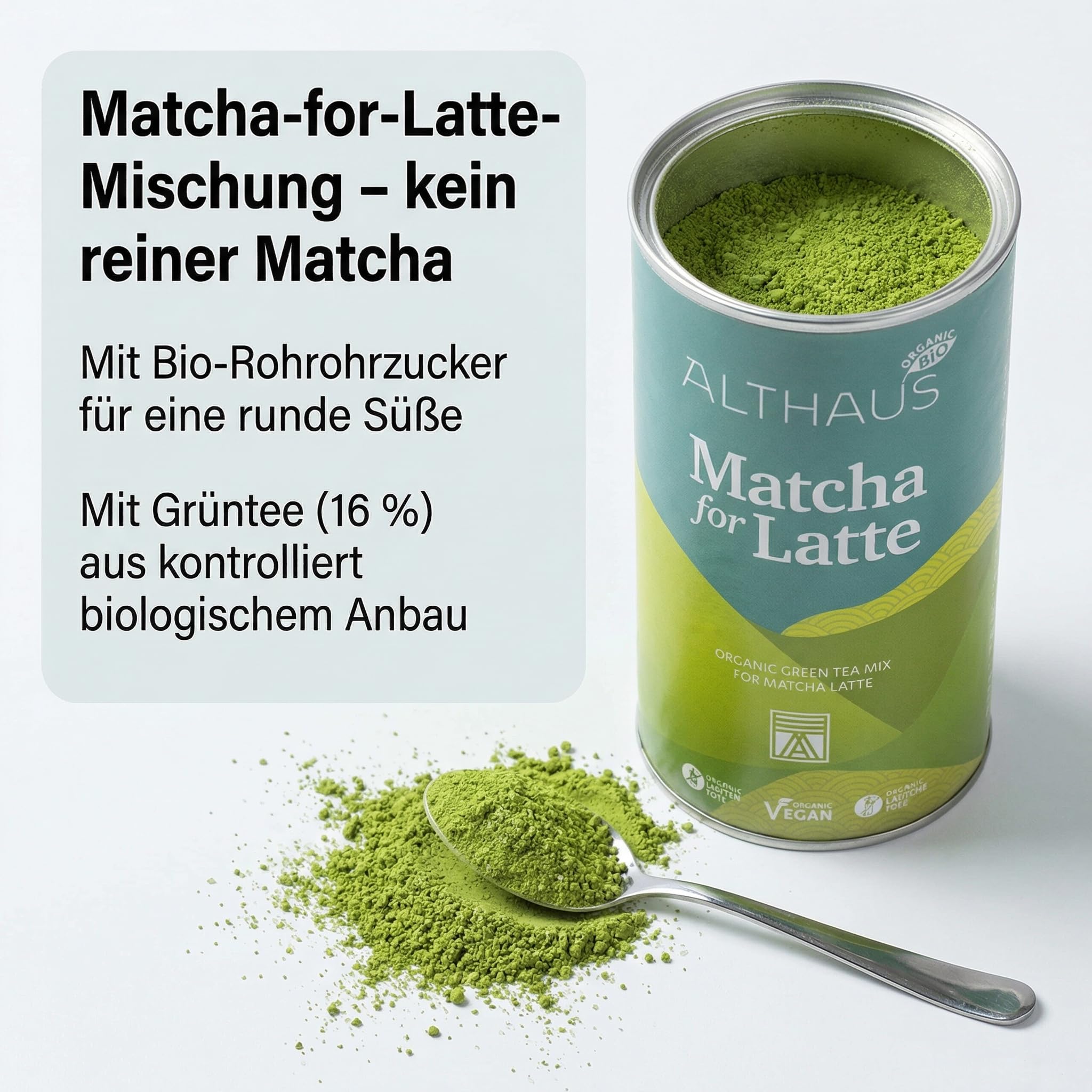 ALTHAUS Matcha Latte Pulver, Bio Grüntee-Mischung mit Rohrohrzucker, vegan glutenfrei laktosefrei, 400 g Dose, ca. 20 Portionen, mild-süßer Geschmack, schneller Genuss heiß oder kalt