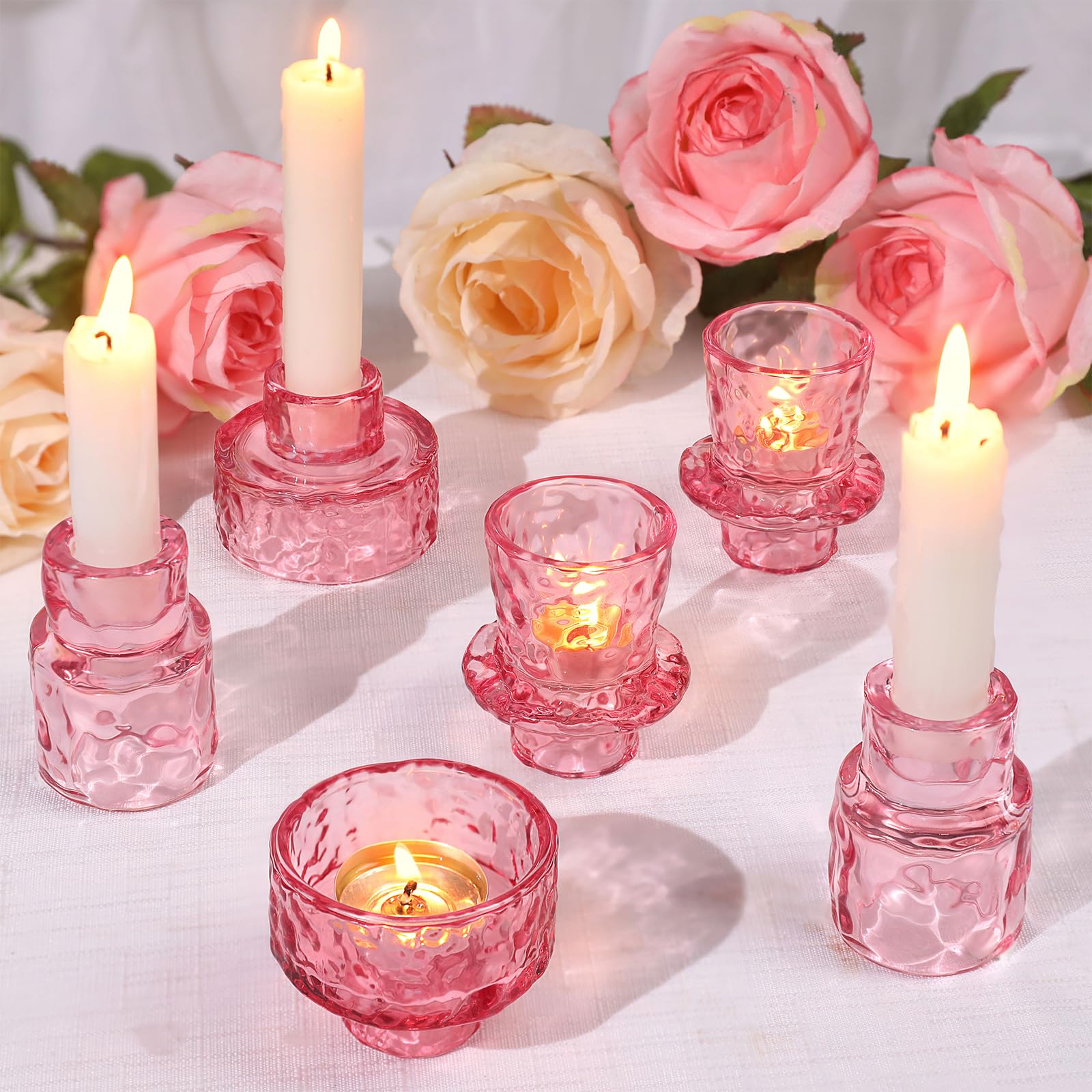 6 candelabros, portavelas cónicos rosados, portavelas de cristal para centros de mesa de boda, cena, fiesta, decoración de mesa